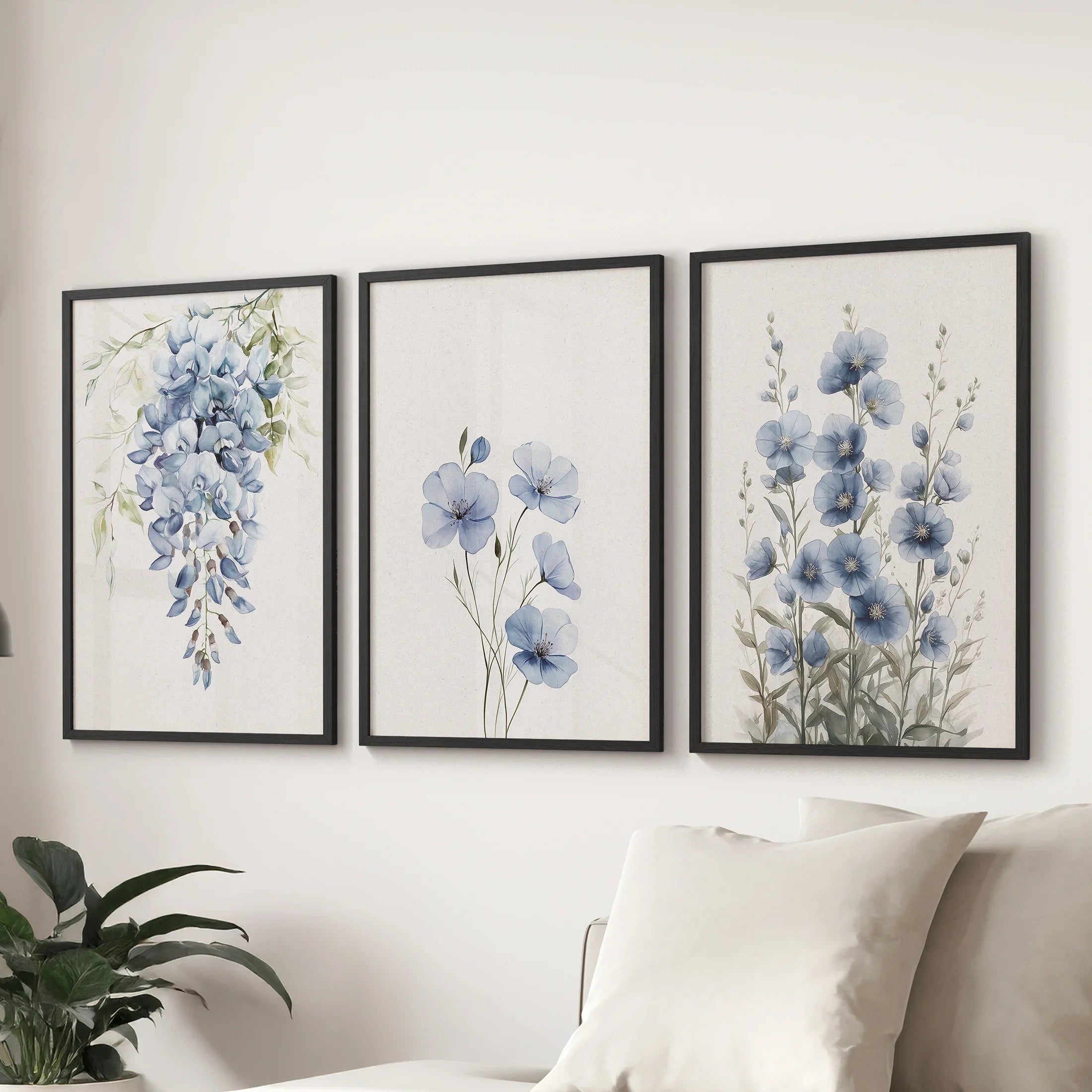 Blue Floral Watercolor Art Set of 3. Elegant Prints