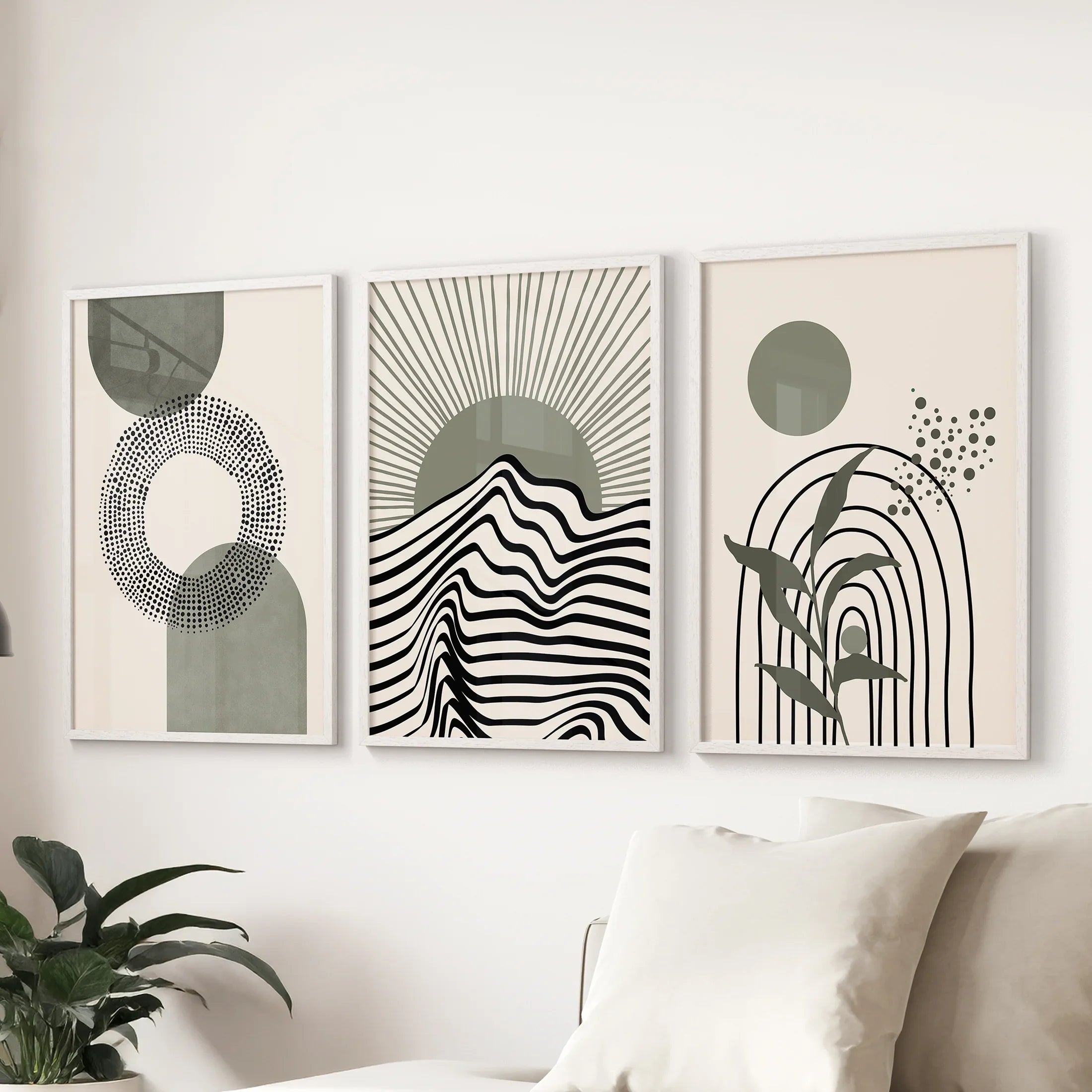 Boho Sage Green 3 Piece Wall Art. Mid-Century Art Prints for Living Room