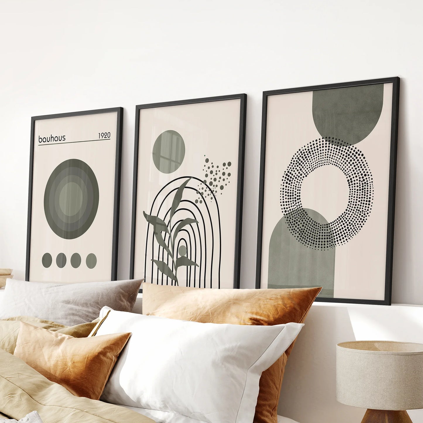 Boho Green Poster Set of 3. Bauhaus and Mid Century Abstract Prints