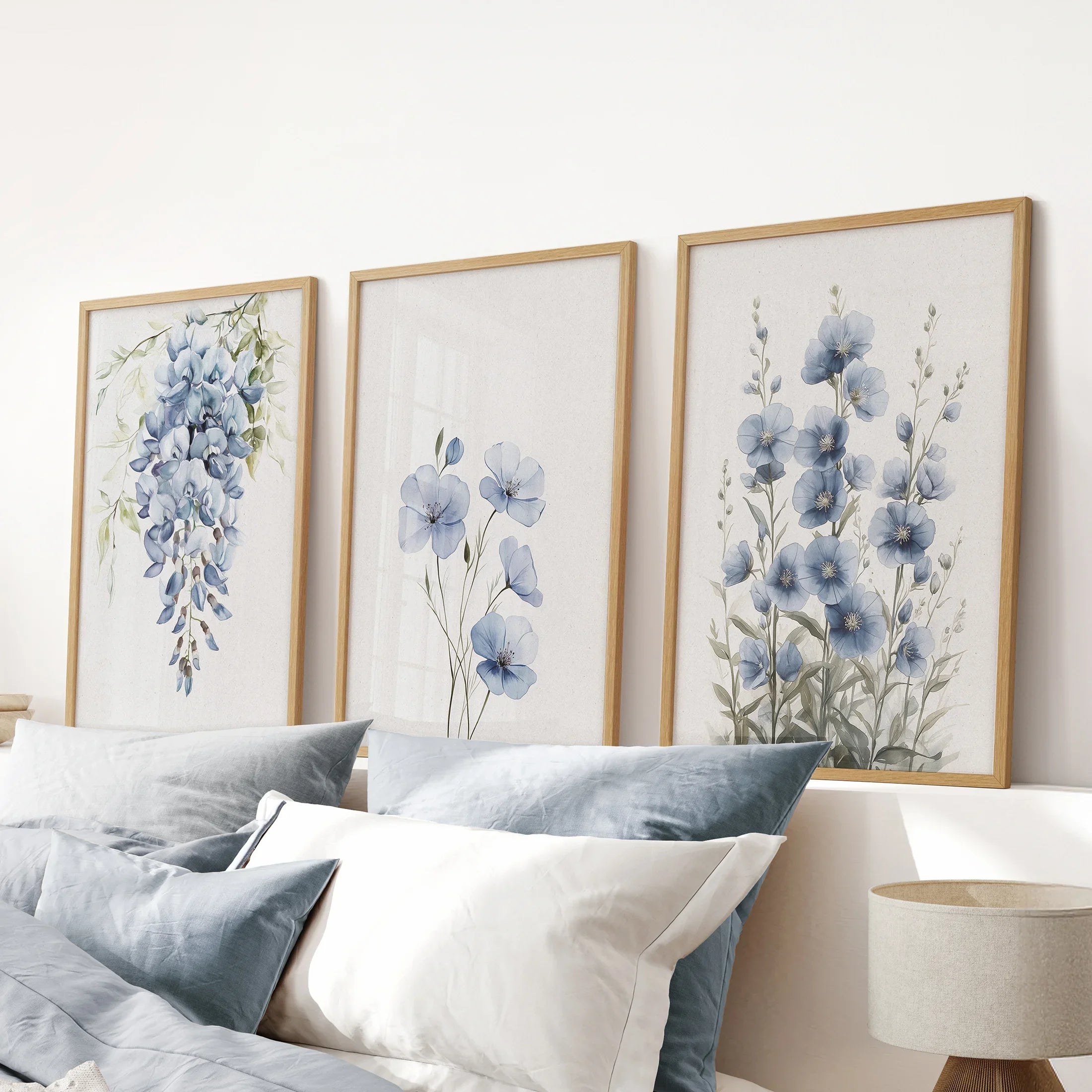 Blue Floral Watercolor Art Set of 3. Elegant Prints