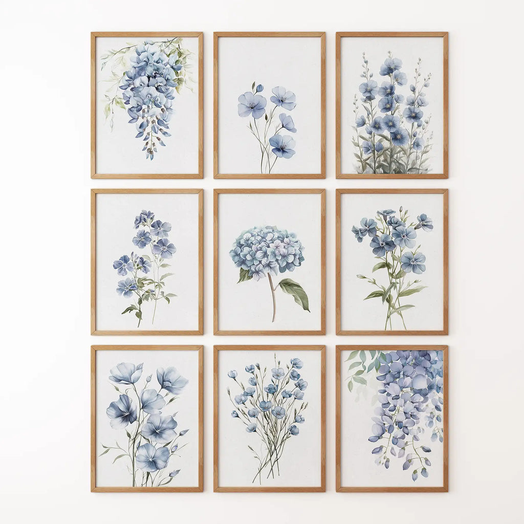 9 Piece Wall Art Decor. Blue Hydrangea Floral Posters