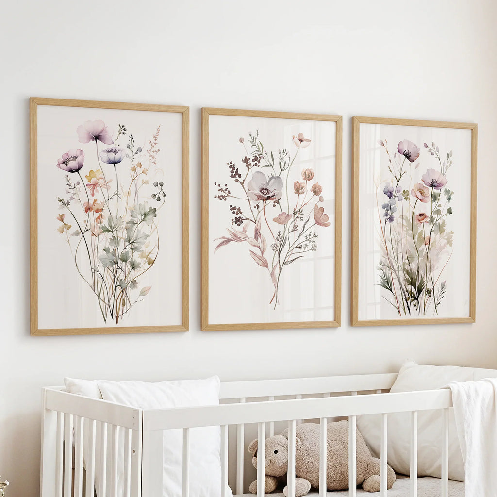 Soft Wildflower Wall Art. Set of 3 Muted Floral Prints
