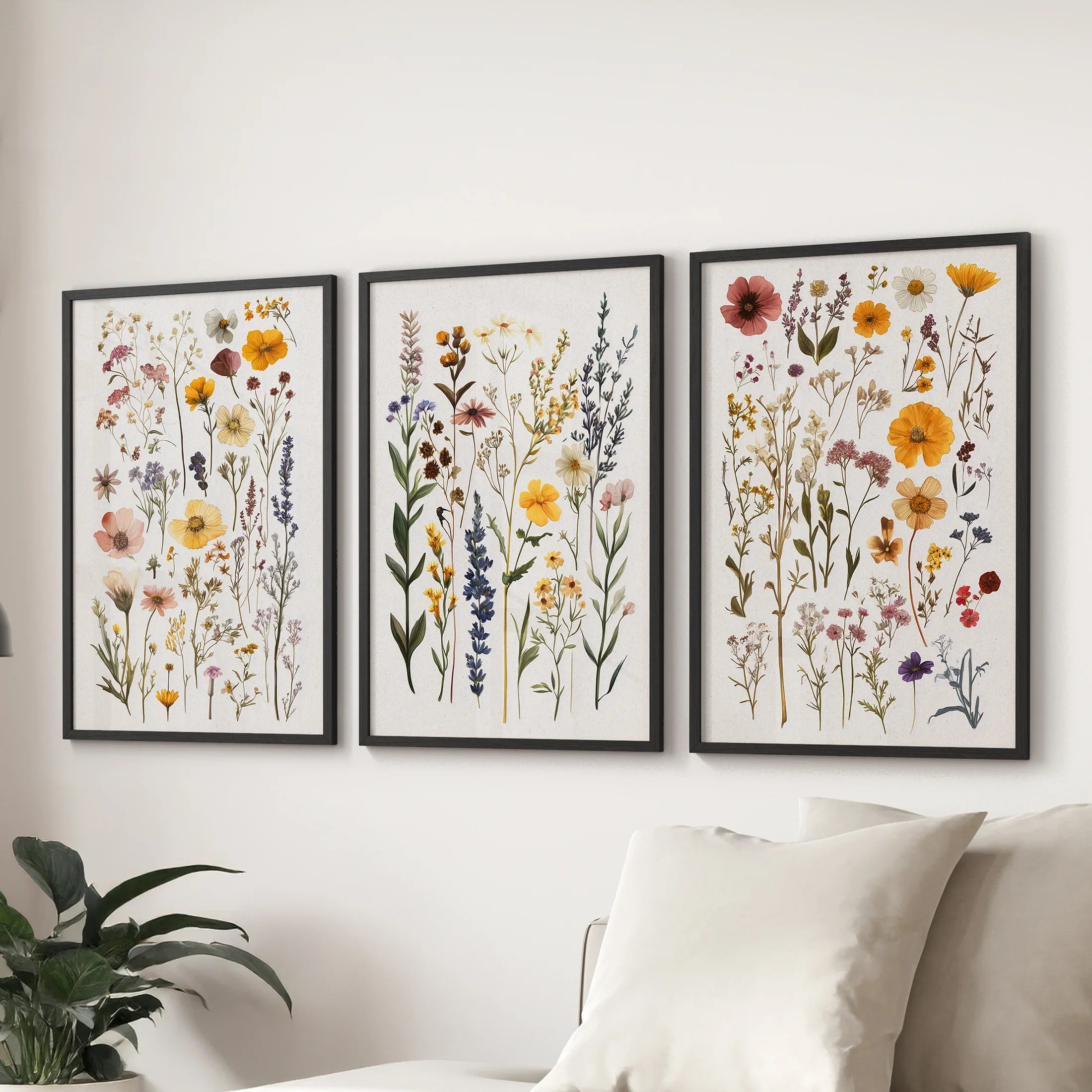 Boho Floral 3 Piece Wall Art. Pressed Flowers Print Set