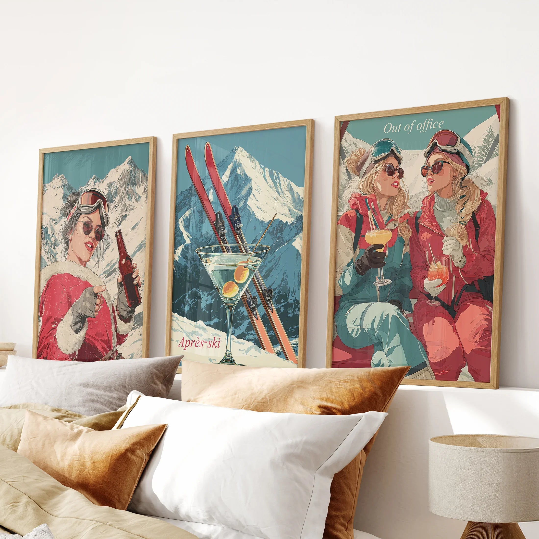 Winter Après Ski Scene Wall Art. Retro Alpine Print Set of 3