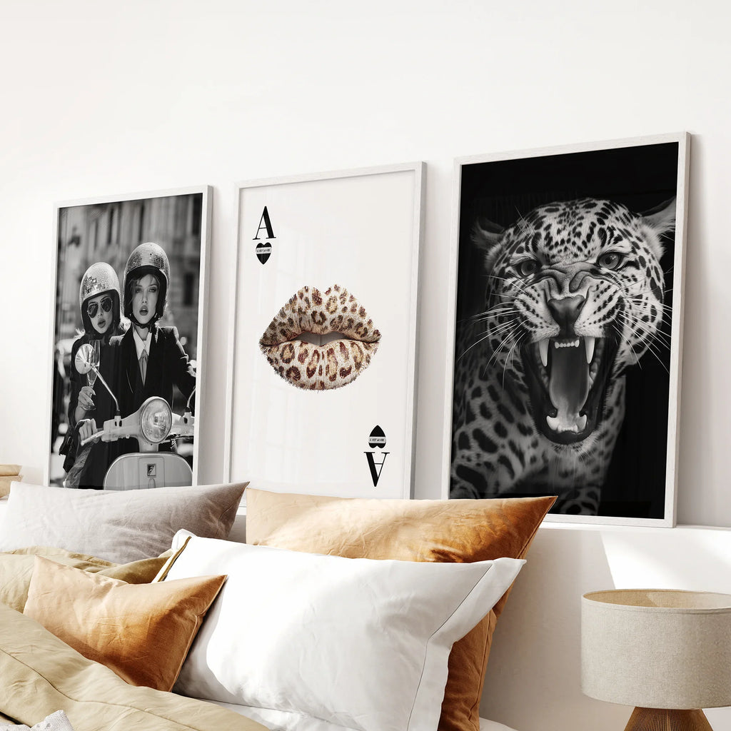 Black White Fashion Set of 3 Prints. Leopard, Lips, Scooter
