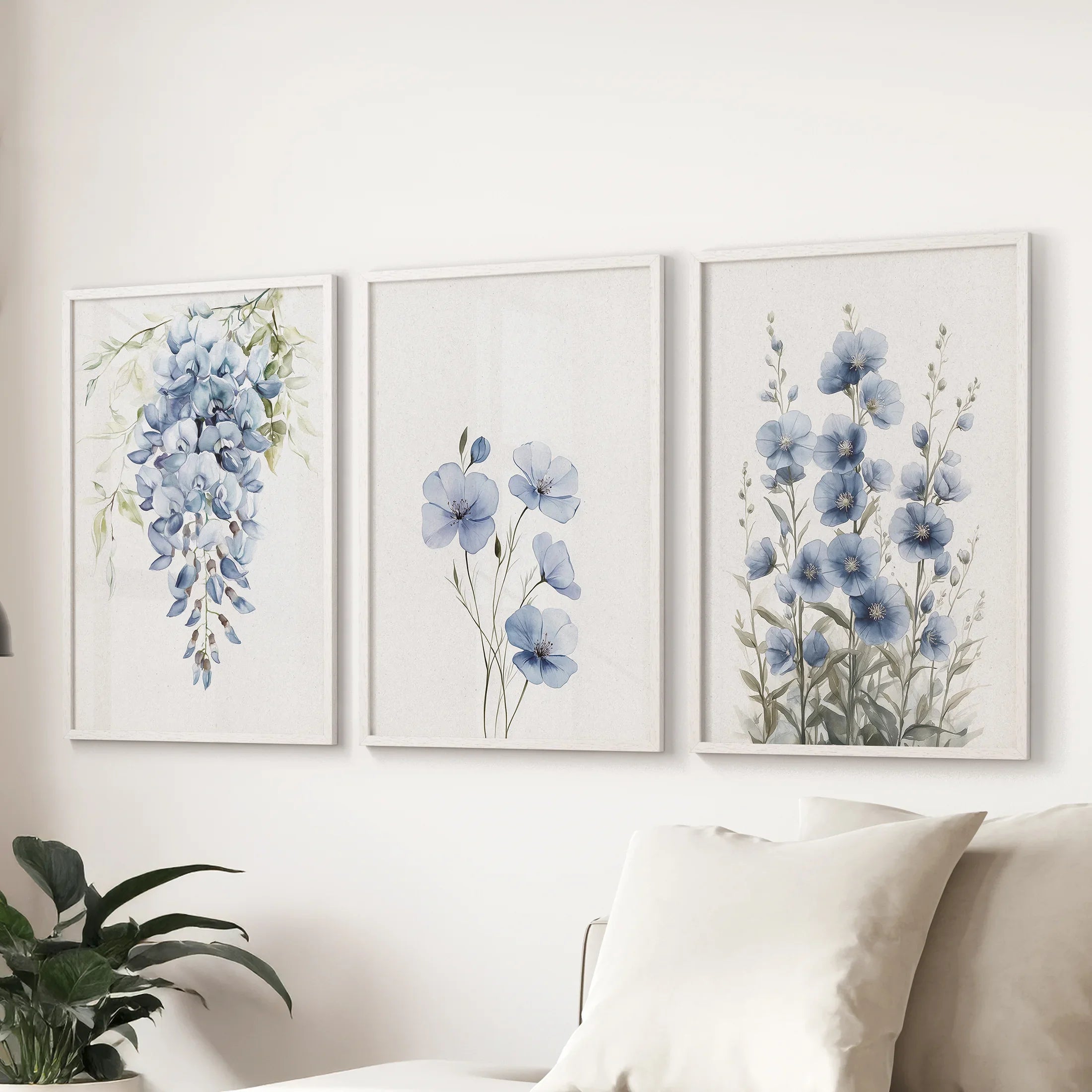 Blue Floral Watercolor Art Set of 3. Elegant Prints