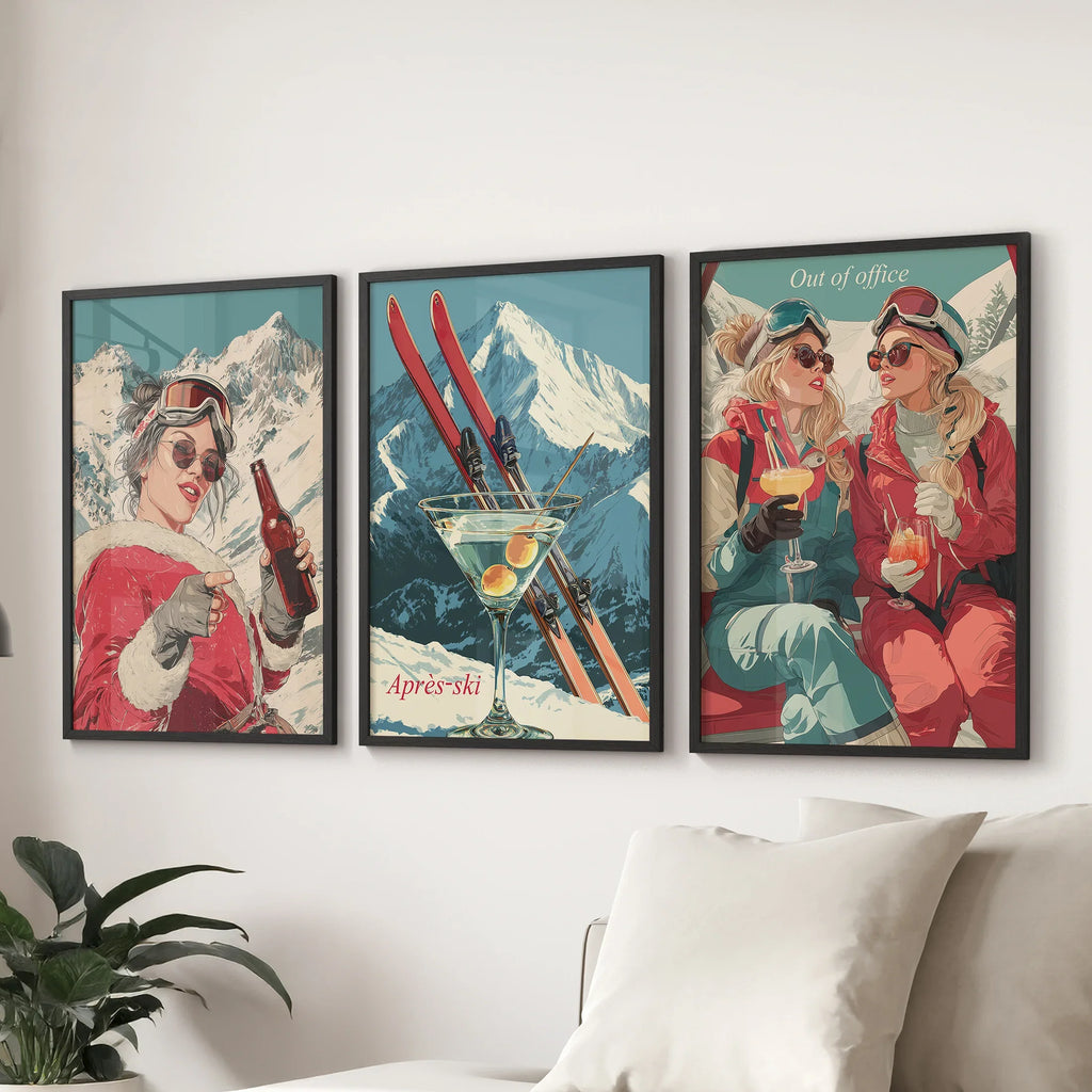 Winter Après Ski Scene Wall Art. Retro Alpine Print Set of 3