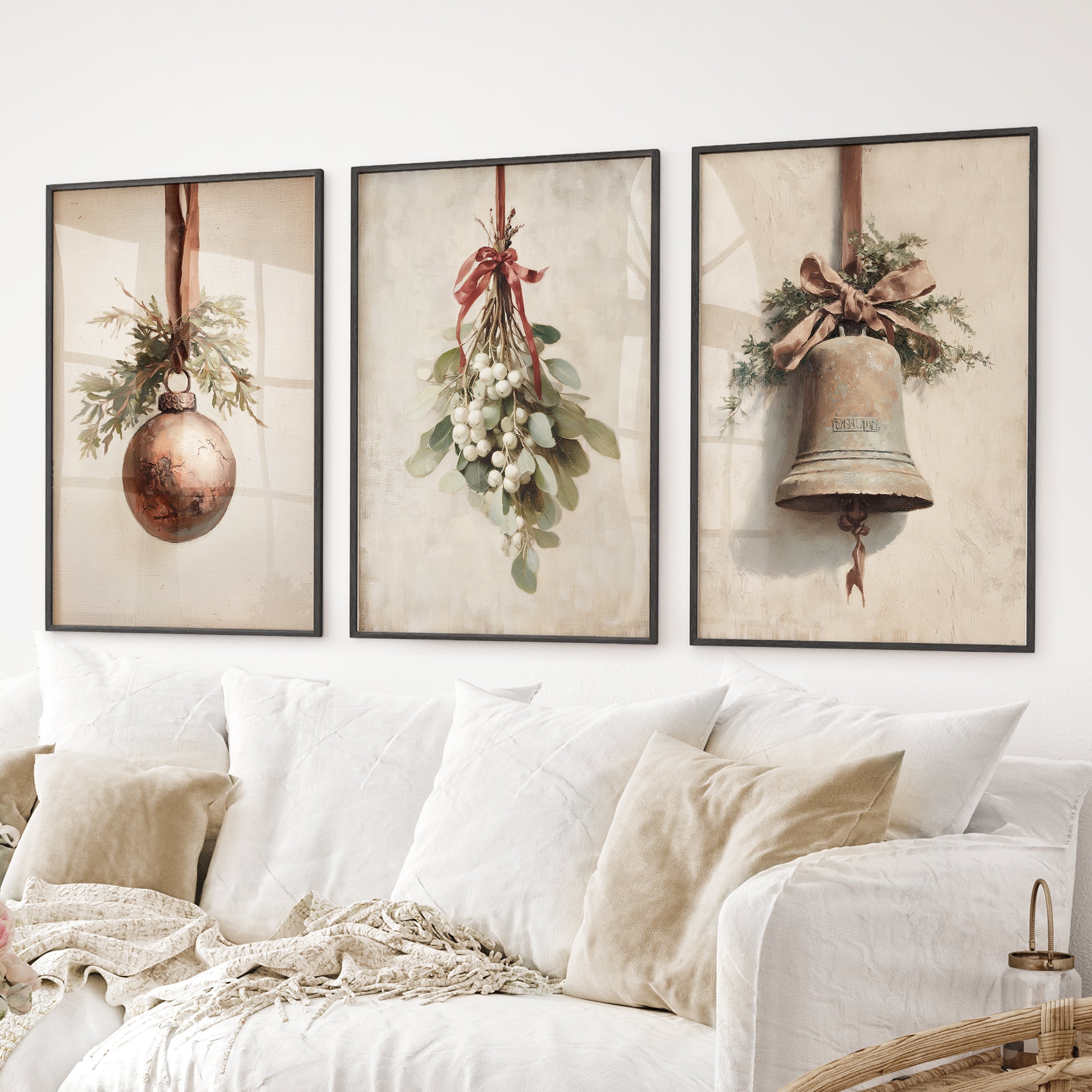 Rustic Holiday Set of 3 Prints: Vintage Christmas Bell Art