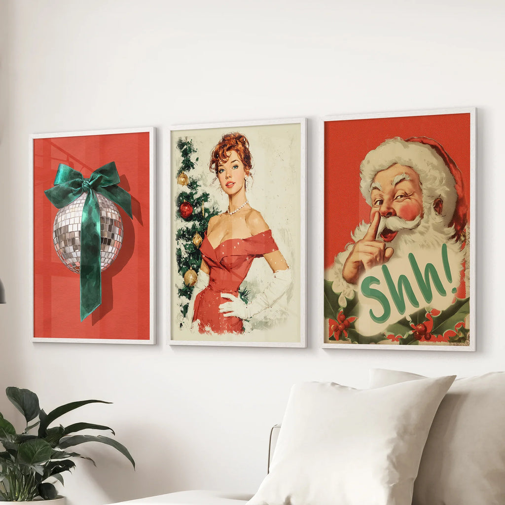Retro Holiday 3 Piece Wall Art: Santa, Pin-Up Girl, Disco Ball