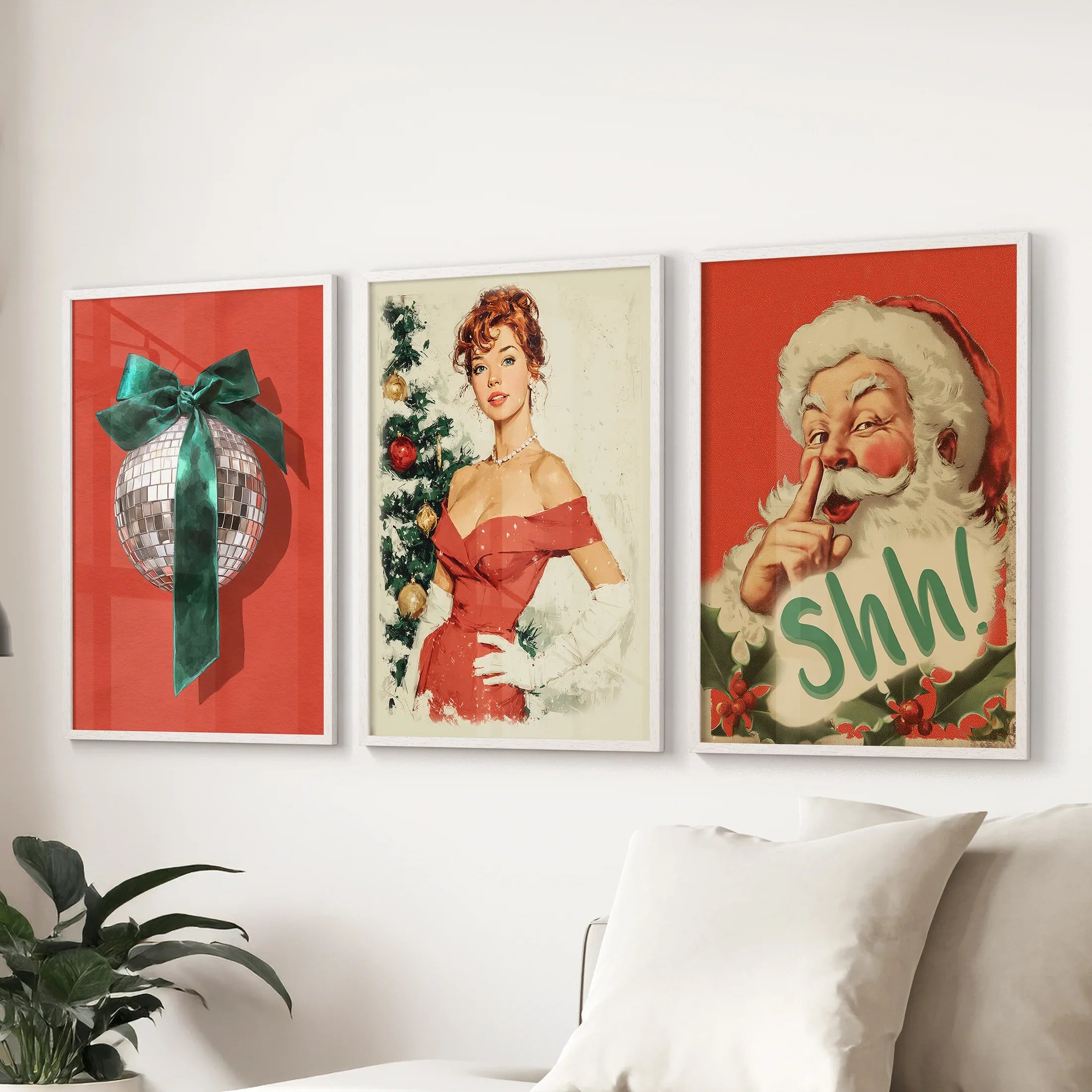 Retro Holiday 3 Piece Wall Art: Santa, Pin-Up Girl, Disco Ball
