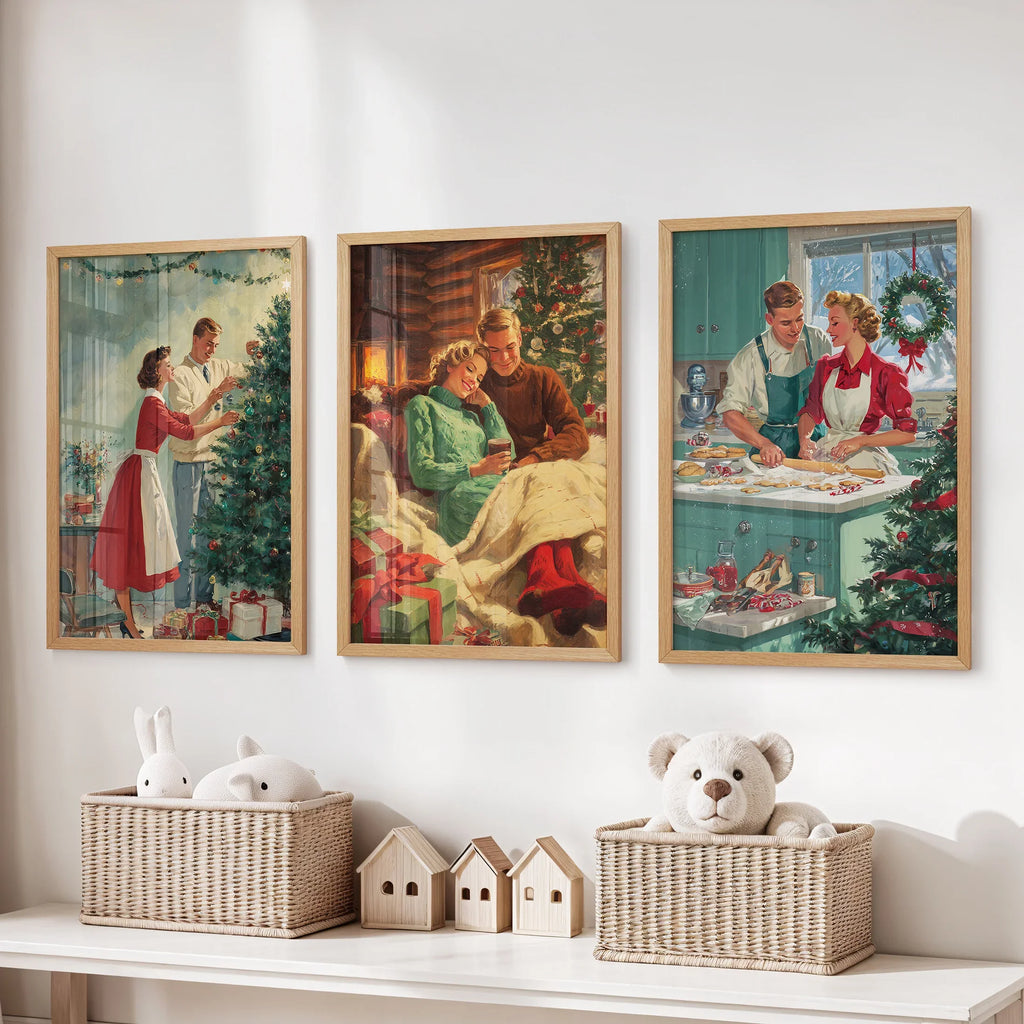 Nostalgic Christmas Decor. Cozy Retro Holiday Set of 3 Art