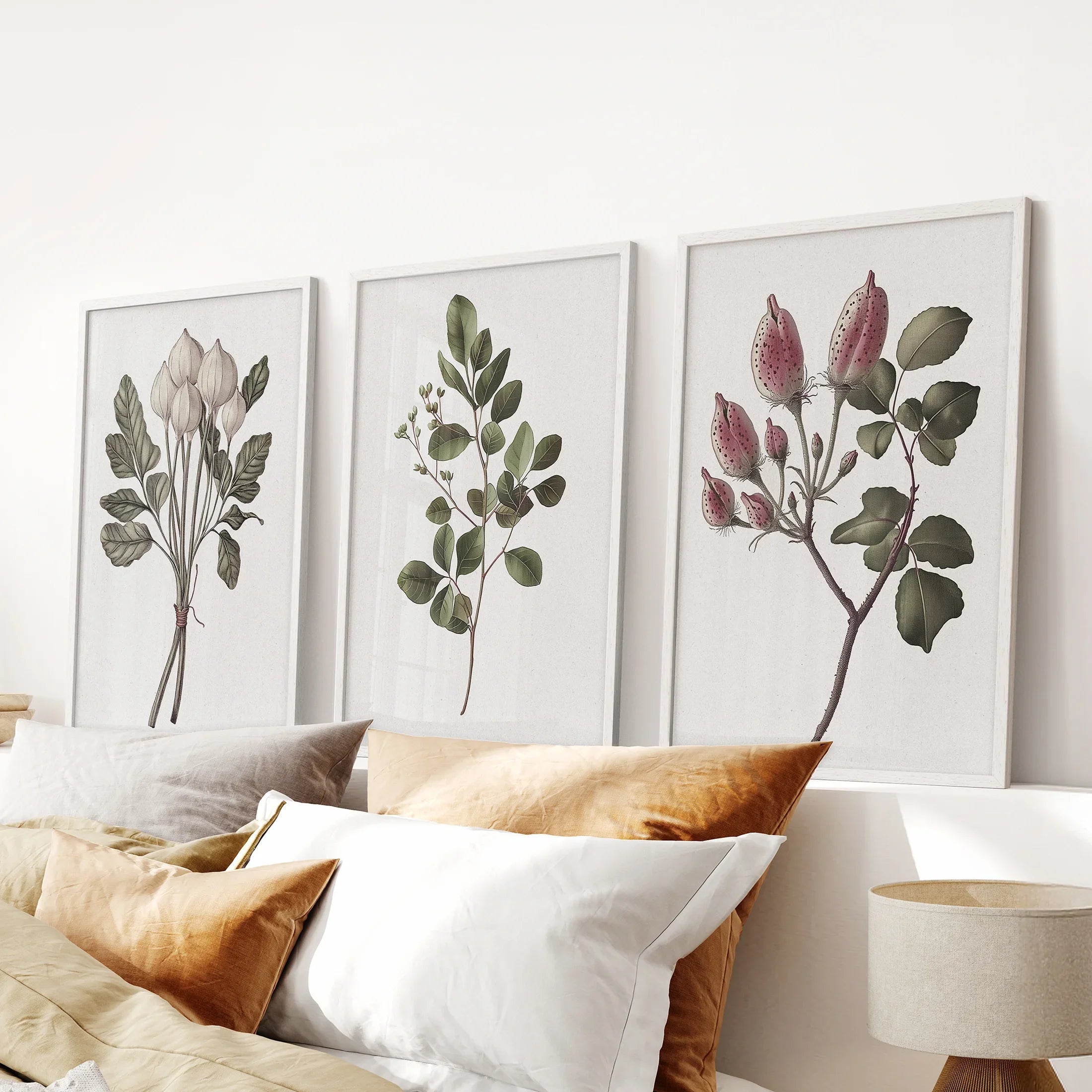 Rustic Botanical Print Set of 3. Vintage Flowers Wall Art