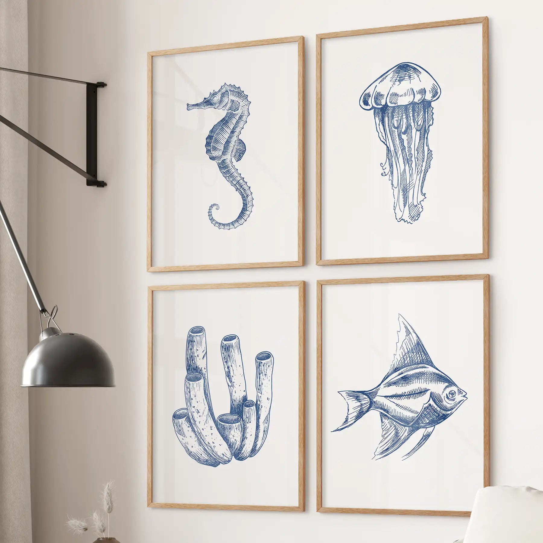 Blue Coastal Artwork. Set of 4 Posters. Jellyfish, Fish Print
