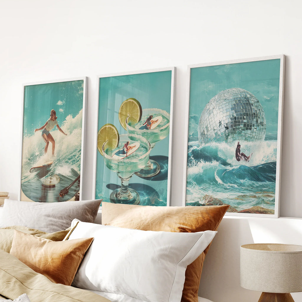Retro Coastal Surfing Wall Art Set of 3. Surreal Blue Wave