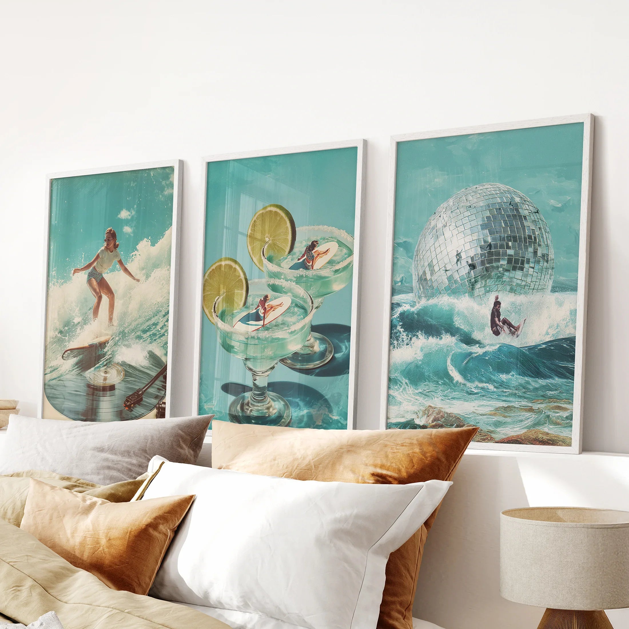 Retro Coastal Surfing Wall Art Set of 3. Surreal Blue Wave