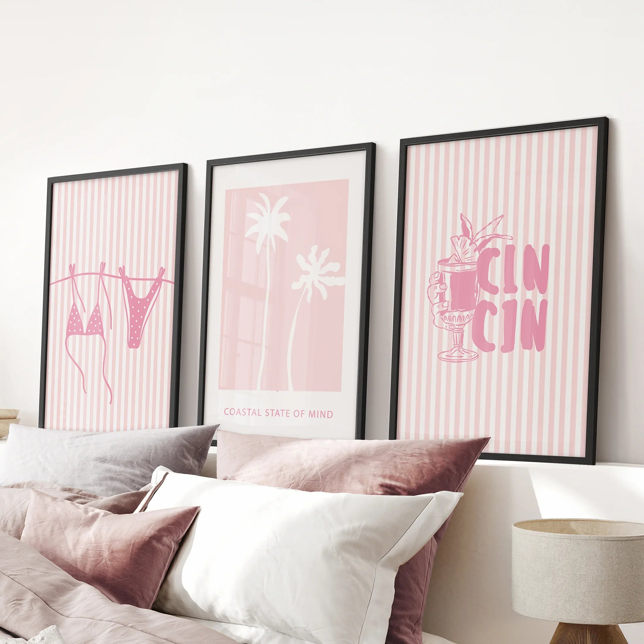 Preppy Coastal Girl Room Décor. Set of 3 Pink Summer Prints