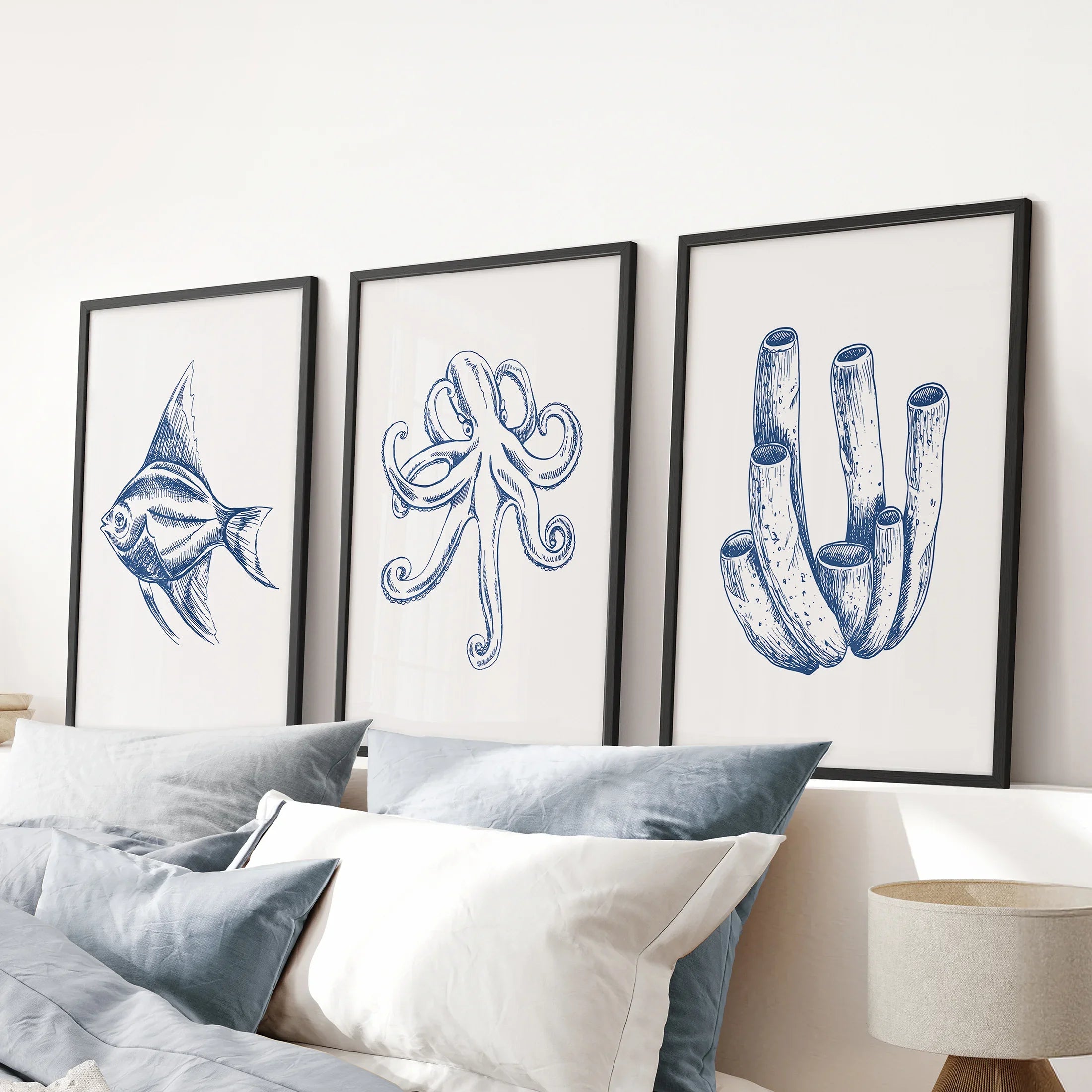 3 Piece Marine Themed Wall Art Set. Octopus, Fish, Coral