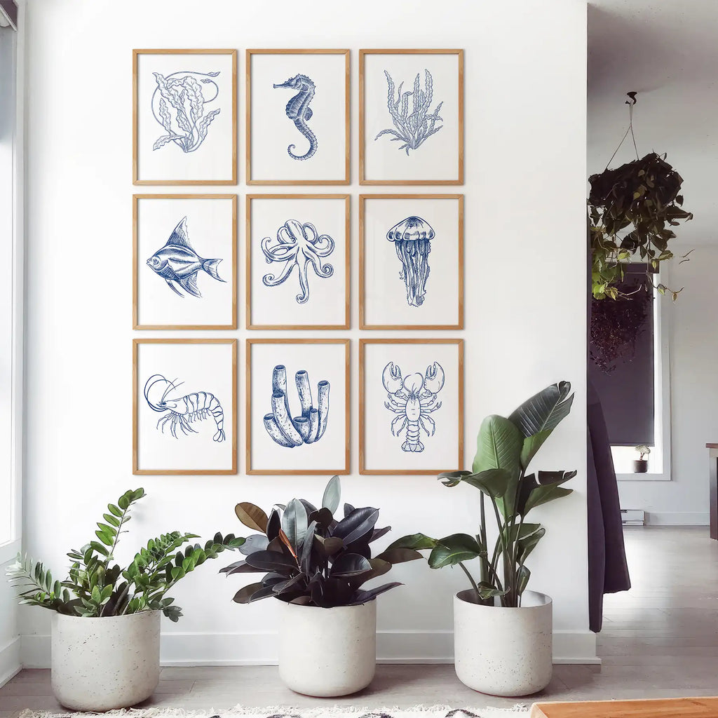 Coastal Nautical Set of 9. Navy Blue Sea Life Prints