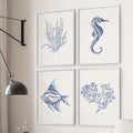 Seaweed, Seahorse, Fish, Coral Art. Set of 4 Coastal Prints