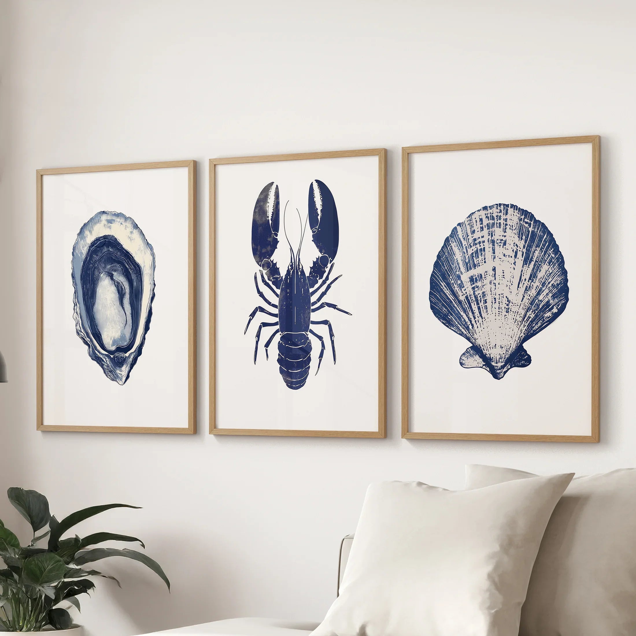 Lobster, Shell Nautical Prints.Coastal Set of 3 Piece