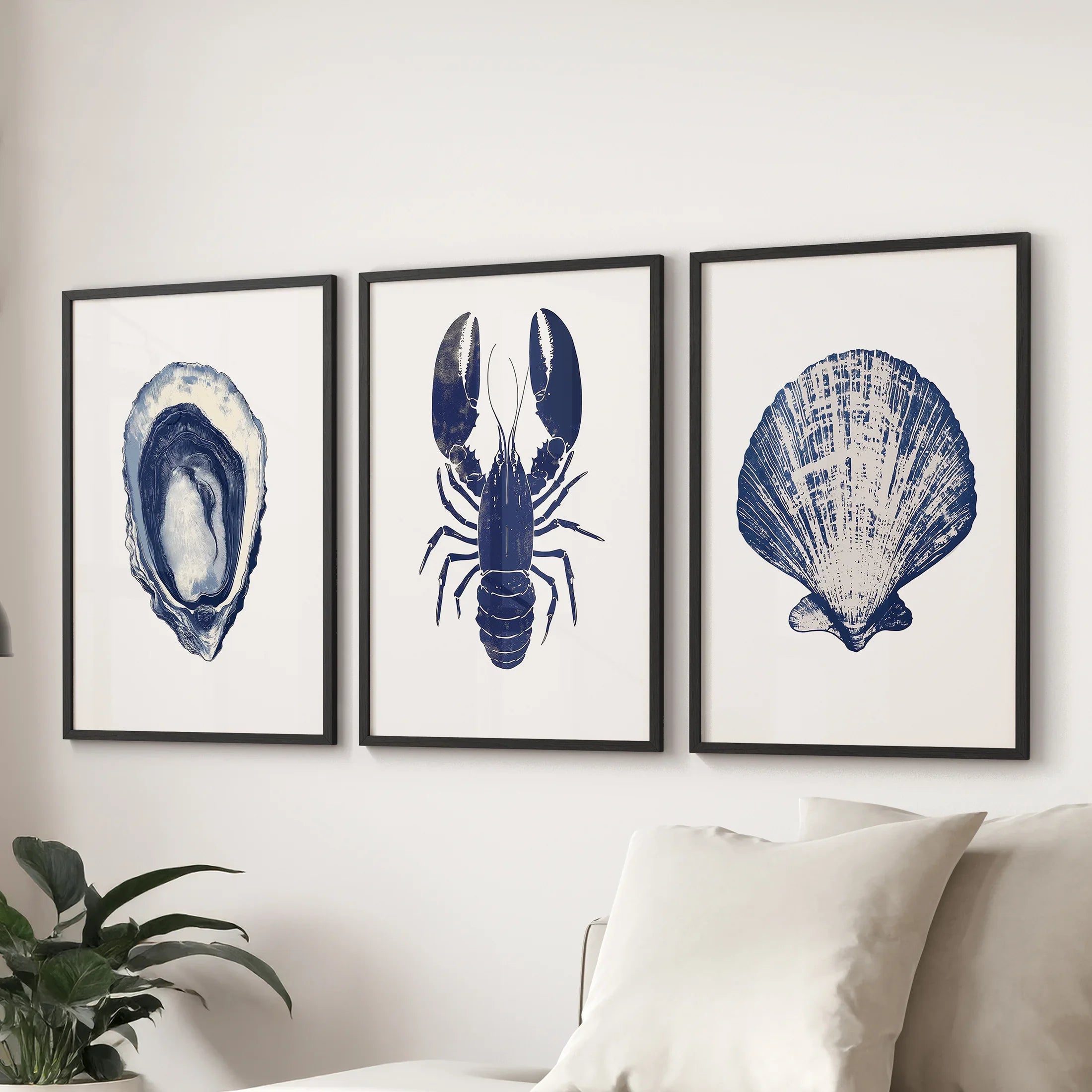 Lobster, Shell Nautical Prints.Coastal Set of 3 Piece