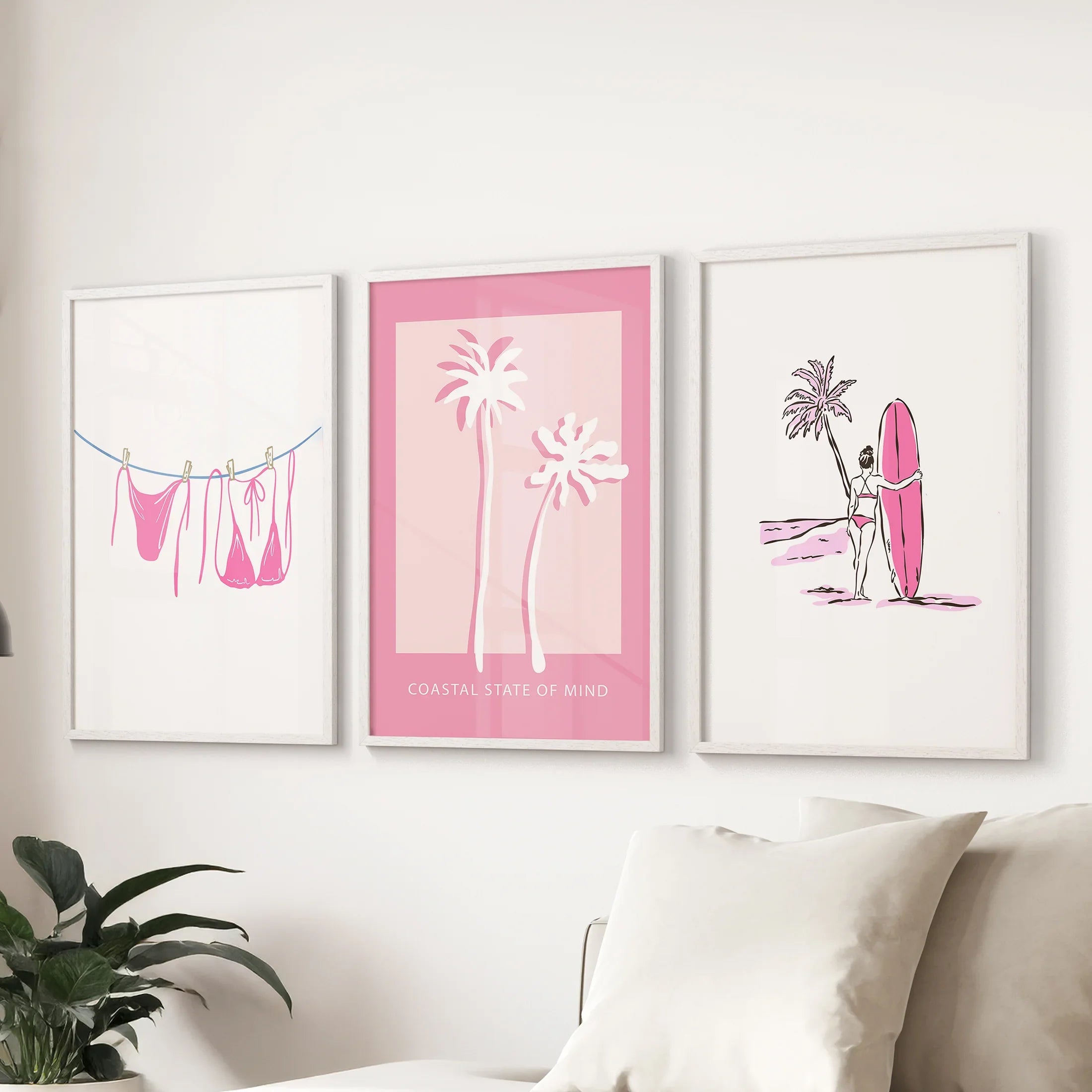 Beach House 3 Piece Girly Wall Art: Pink Palm, Surfer Prints