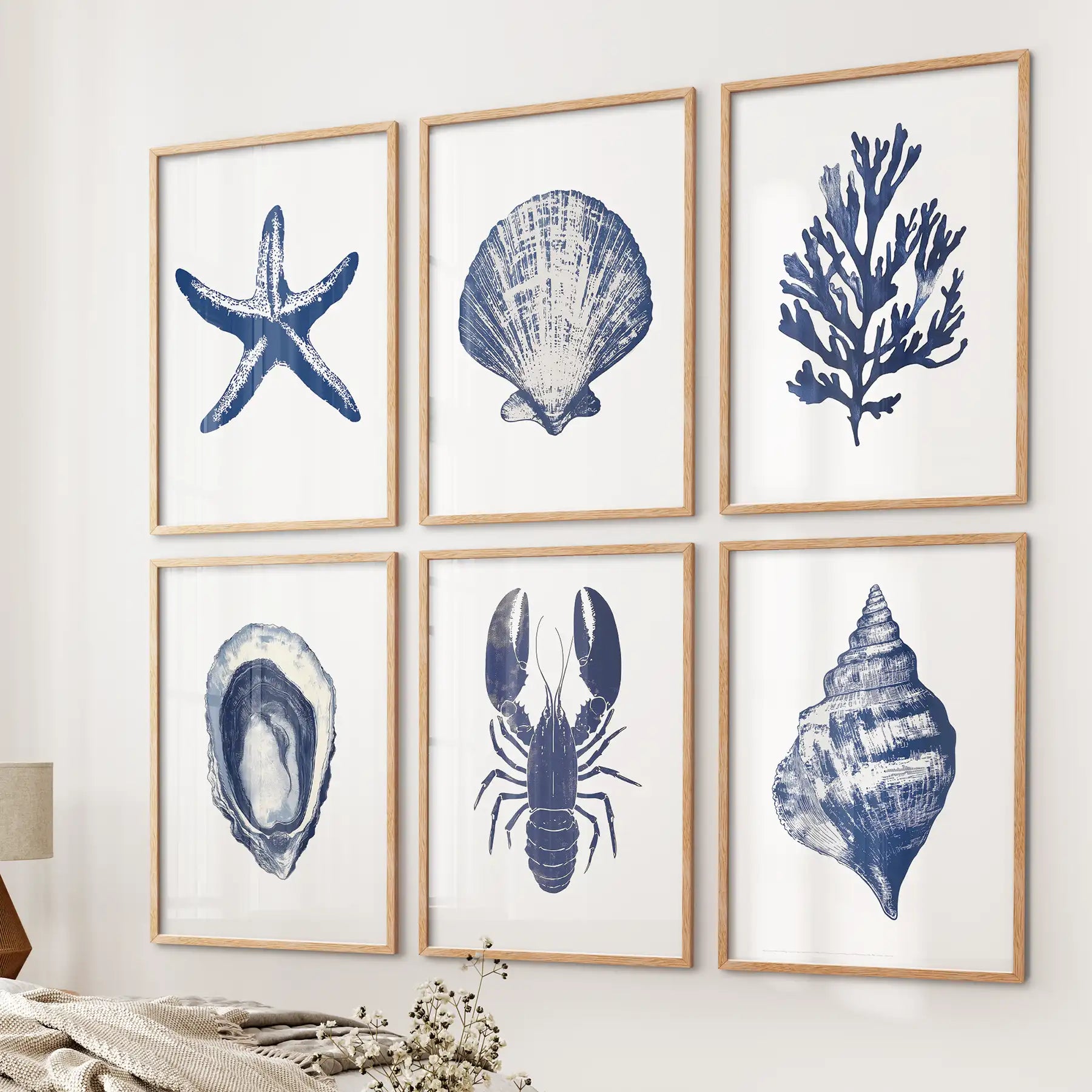 Coastal Set of 6 Art Prints. Shell, Lobster, Starfish, Seaweed