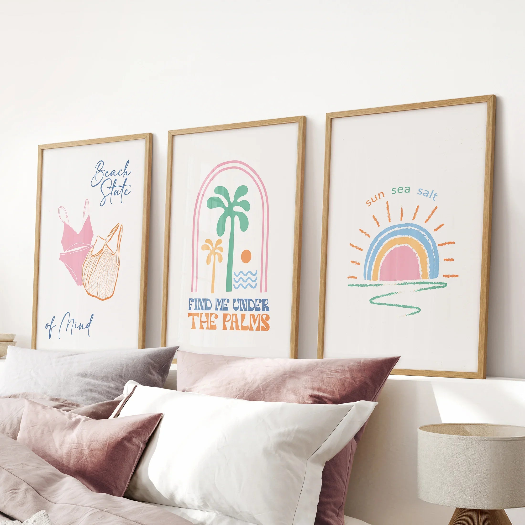 Coastal Summer Vibes Wall Decor. Palm Sunset Poster Set of 3