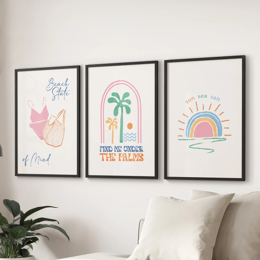 Coastal Summer Vibes Wall Decor. Palm Sunset Poster Set of 3
