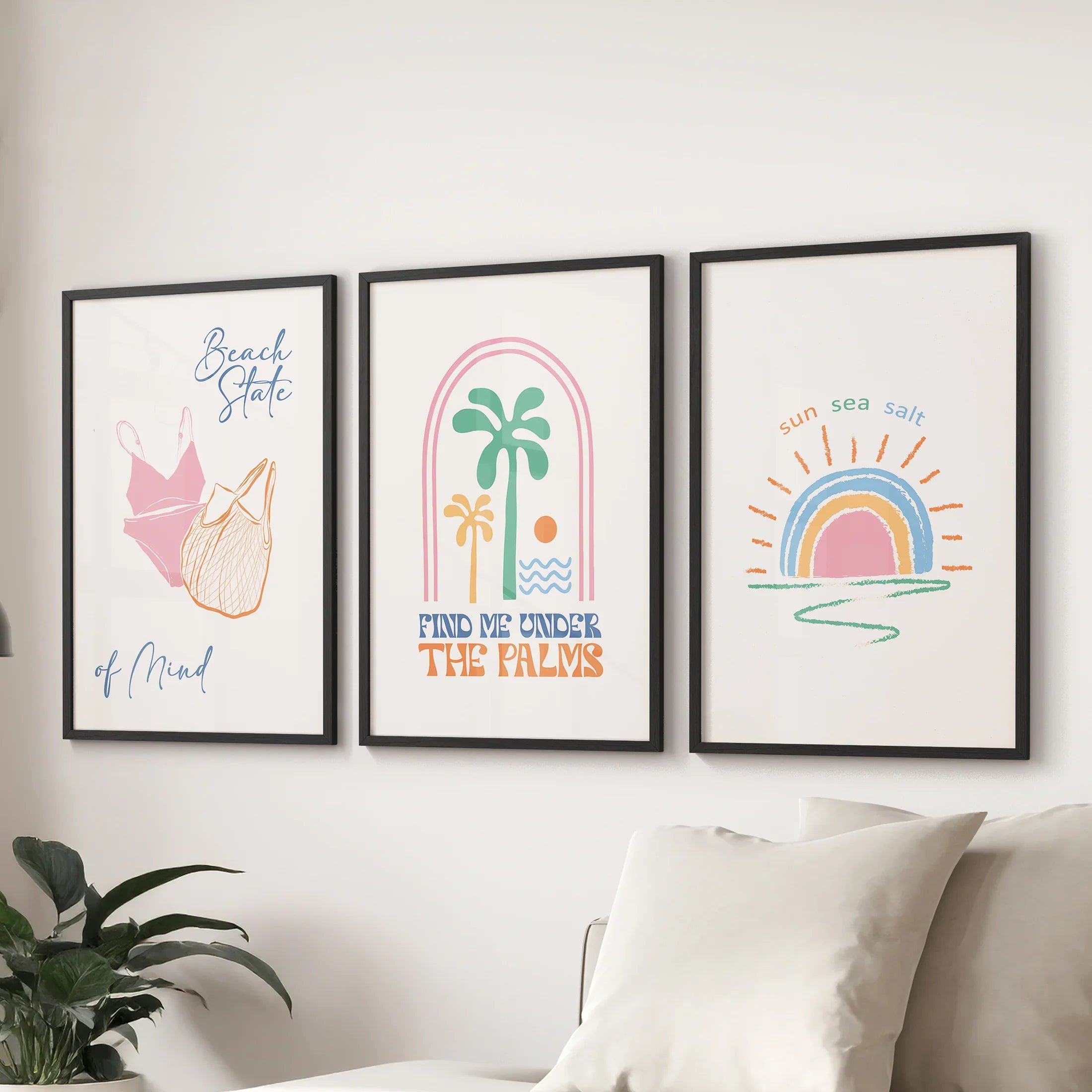 Coastal Summer Vibes Wall Decor. Palm Sunset Poster Set of 3