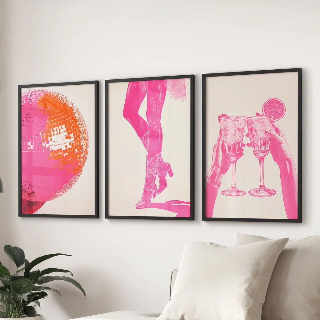 Funky Preppy Pink Wall Art. Set of 3 Girl Power Posters for Apartment or Dorm