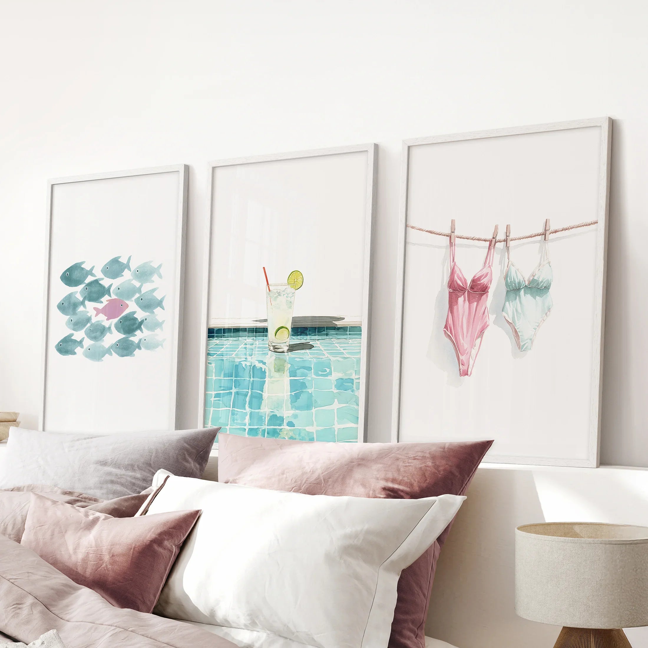 Summer Wall Art Set of 3. Poolside Party Watercolor Prints