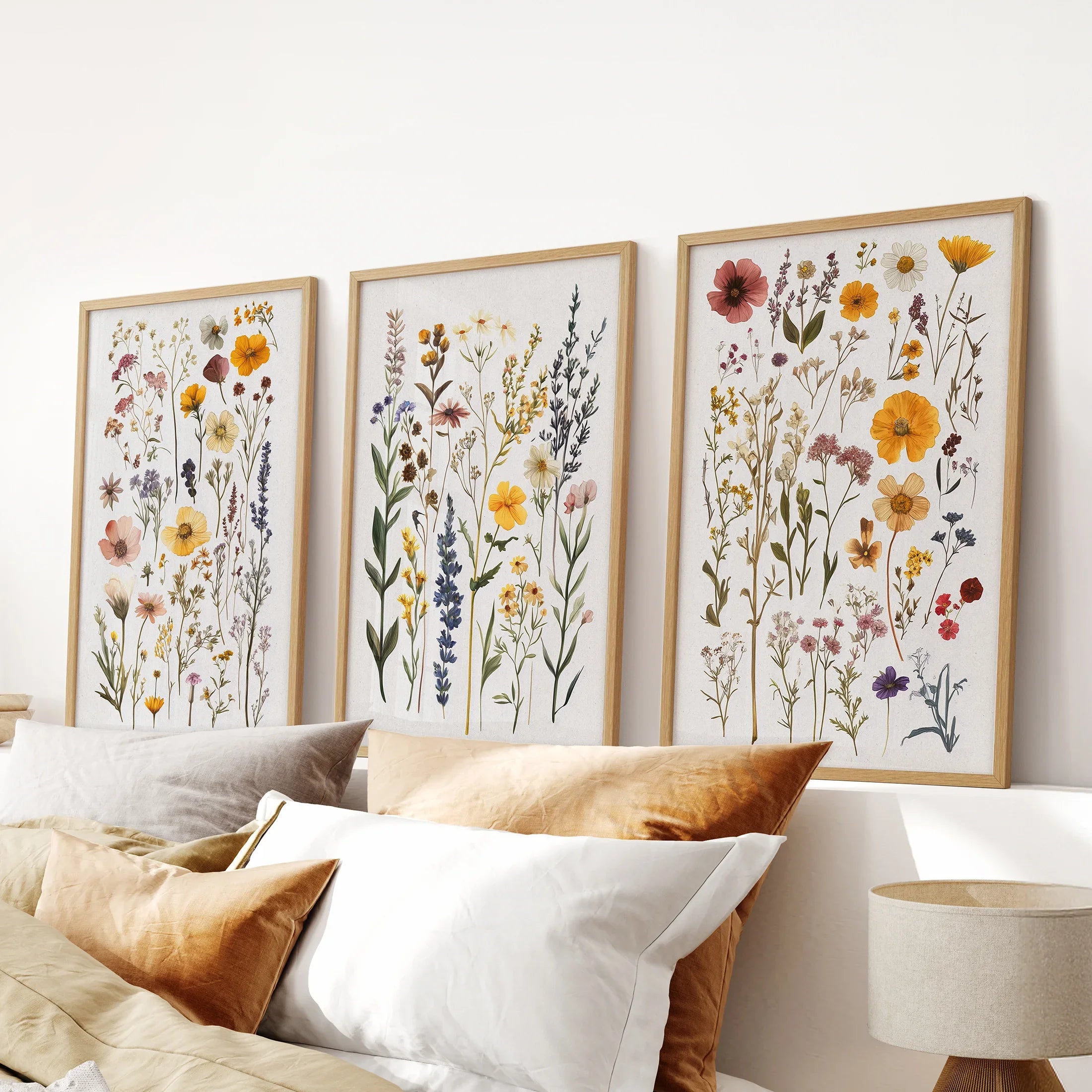 Boho Floral 3 Piece Wall Art. Pressed Flowers Print Set