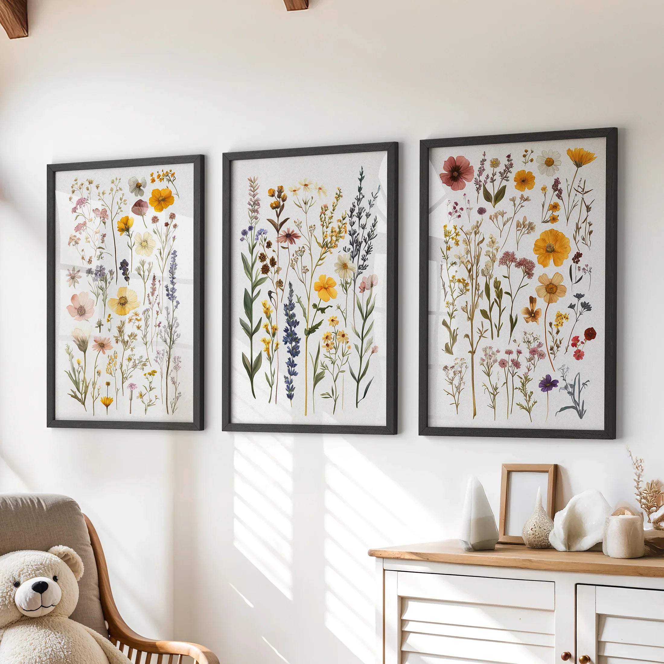 Boho Floral 3 Piece Wall Art. Pressed Flowers Print Set