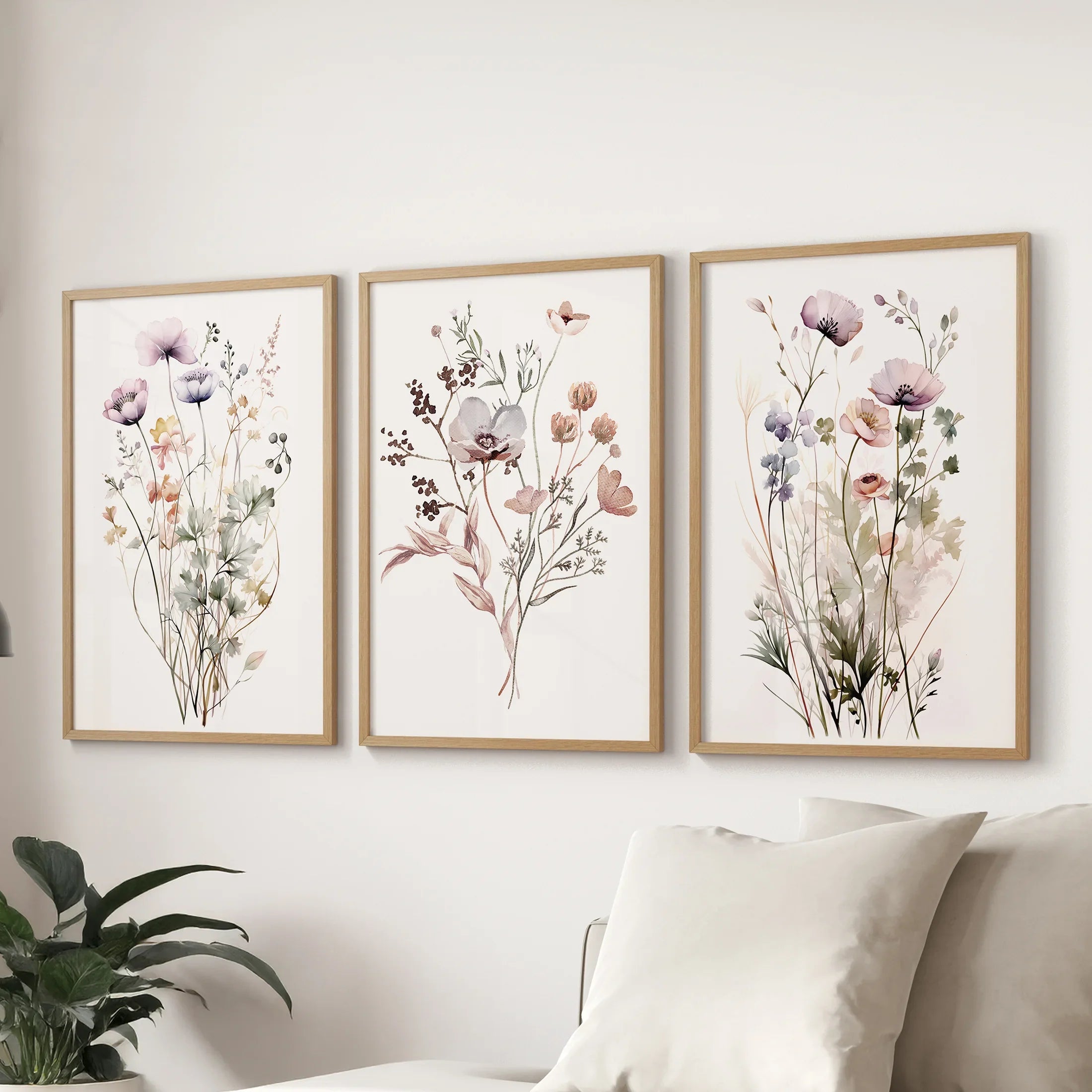 Soft Wildflower Wall Art. Set of 3 Muted Floral Prints