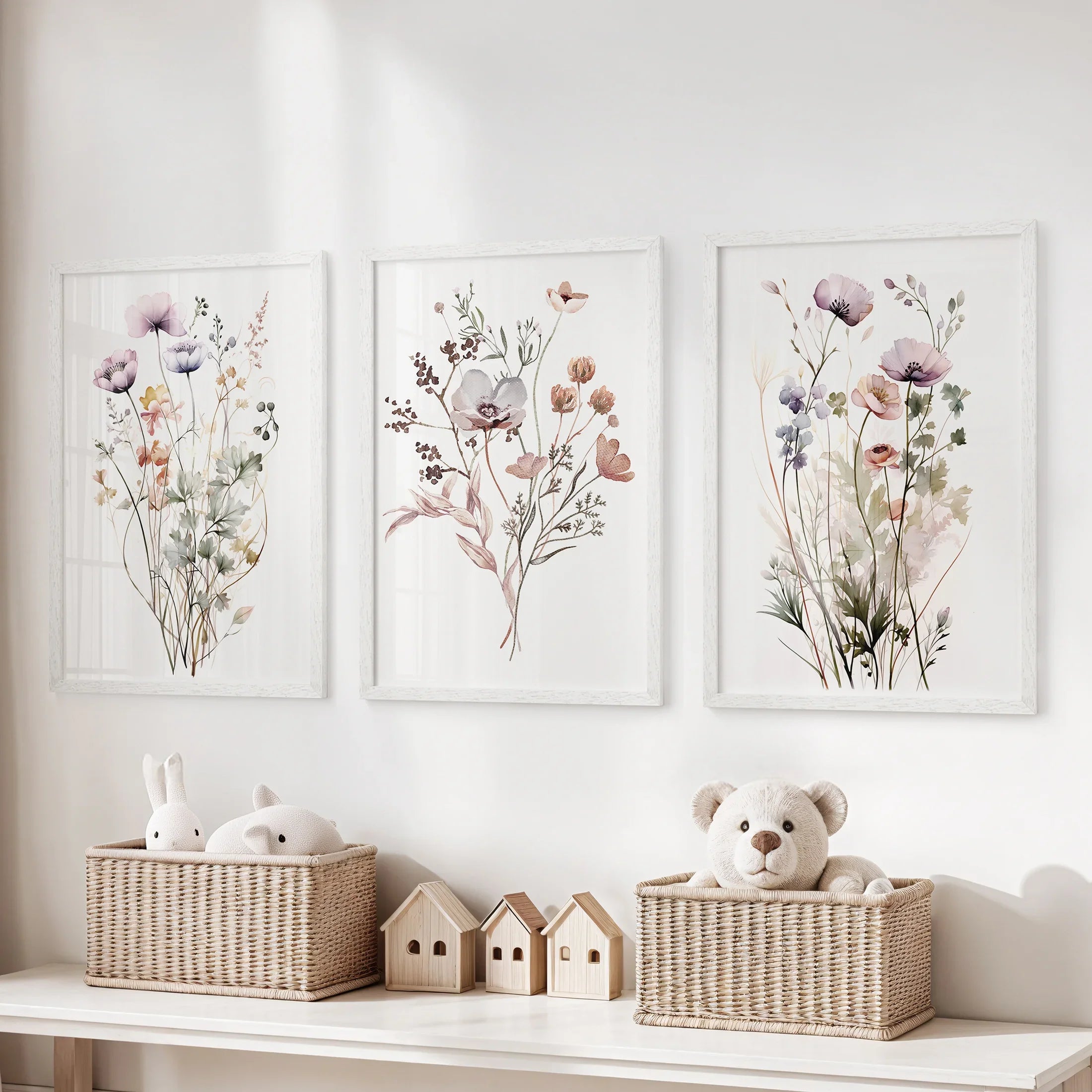 Soft Wildflower Wall Art. Set of 3 Muted Floral Prints