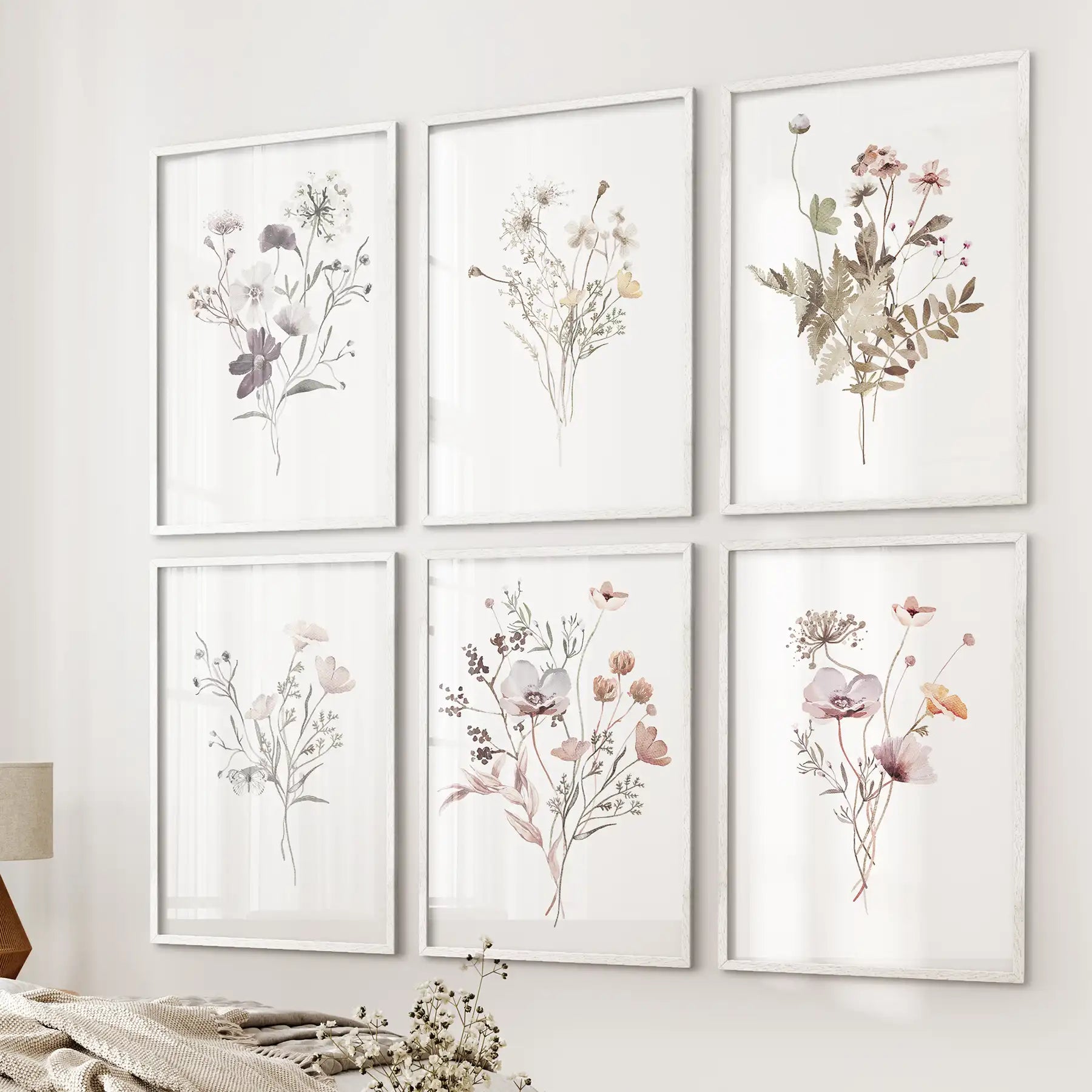 Floral Watercolor Prints. Set of 6 Botanical Wall Art for Bedroom or Living Room