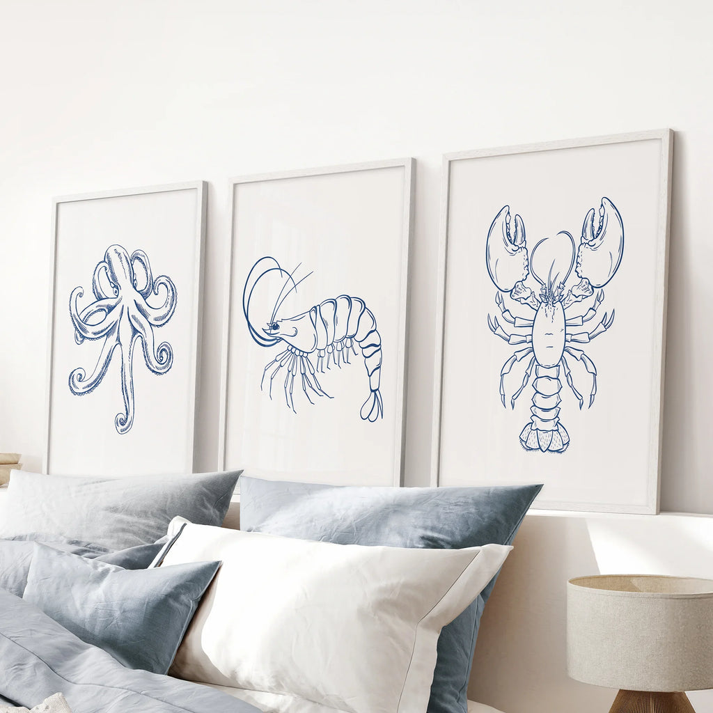 Octopus, Lobster, Crayfish Wall Art. Trendy Set of 3 Prints