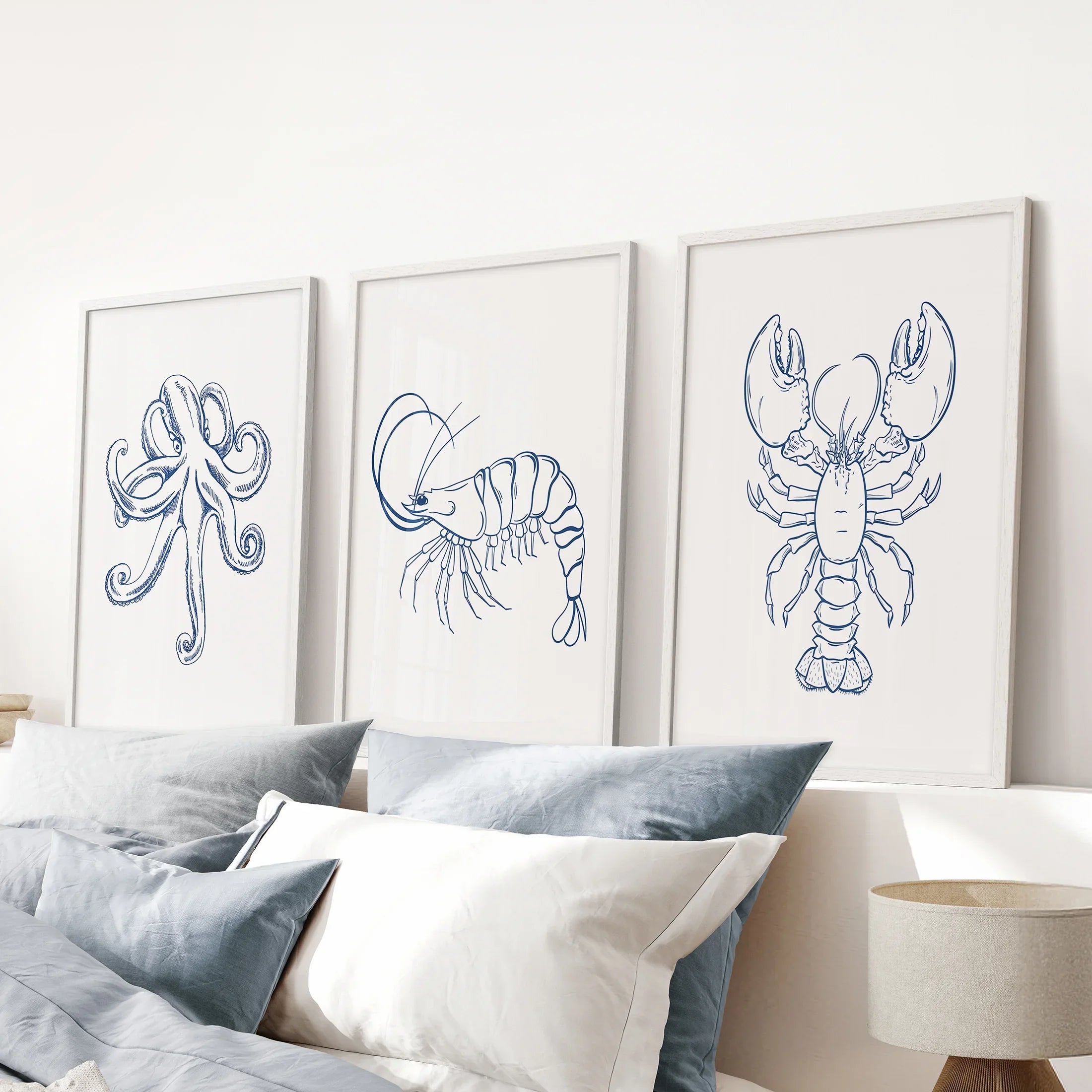 Octopus, Lobster, Crayfish Wall Art. Trendy Set of 3 Prints