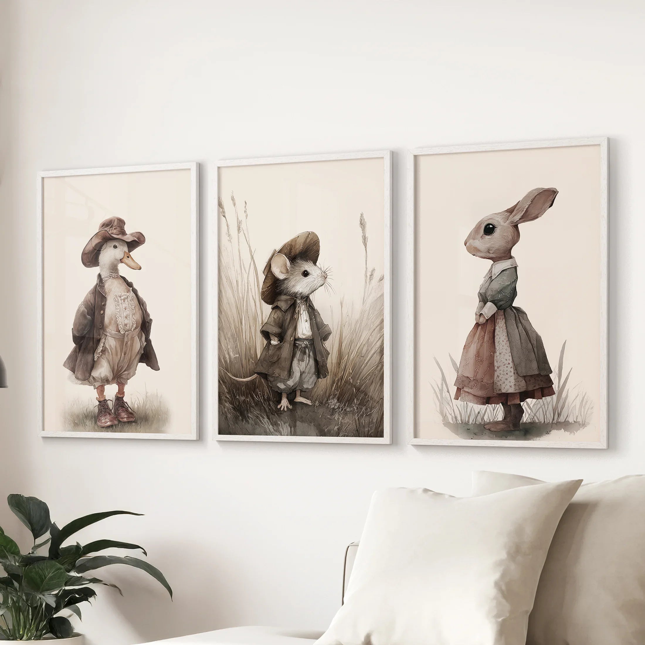 Vintage Animal Nursery Wall Art Set: Duck, Mouse, Rabbit