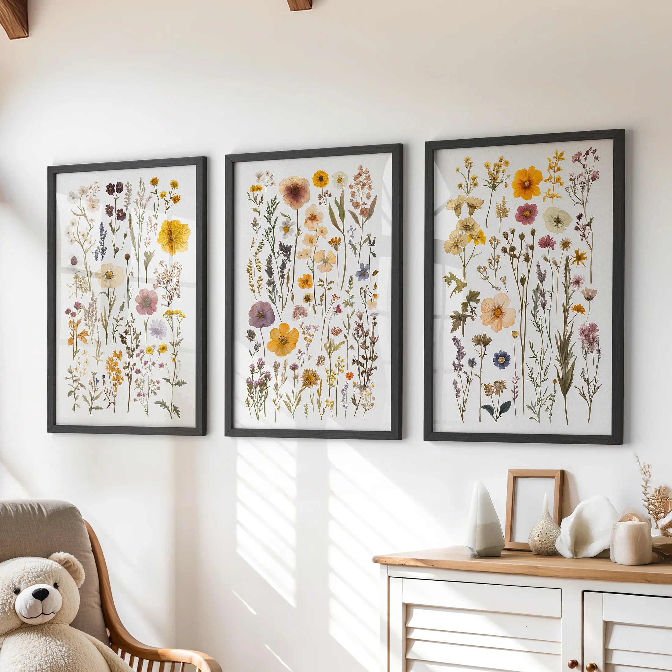 Colorful Botanical Flower Set of 3. Wildflower Prints