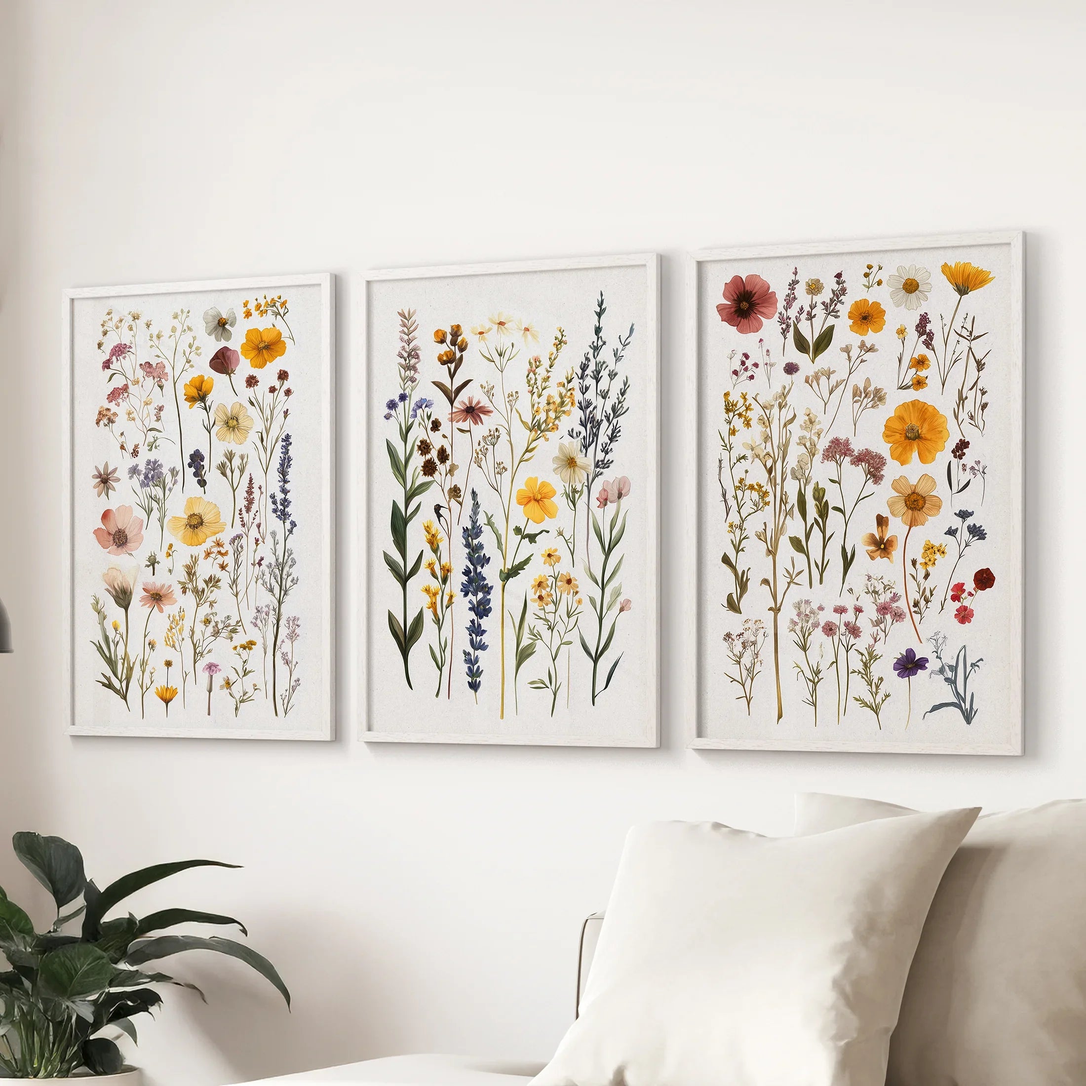 Boho Floral 3 Piece Wall Art. Pressed Flowers Print Set