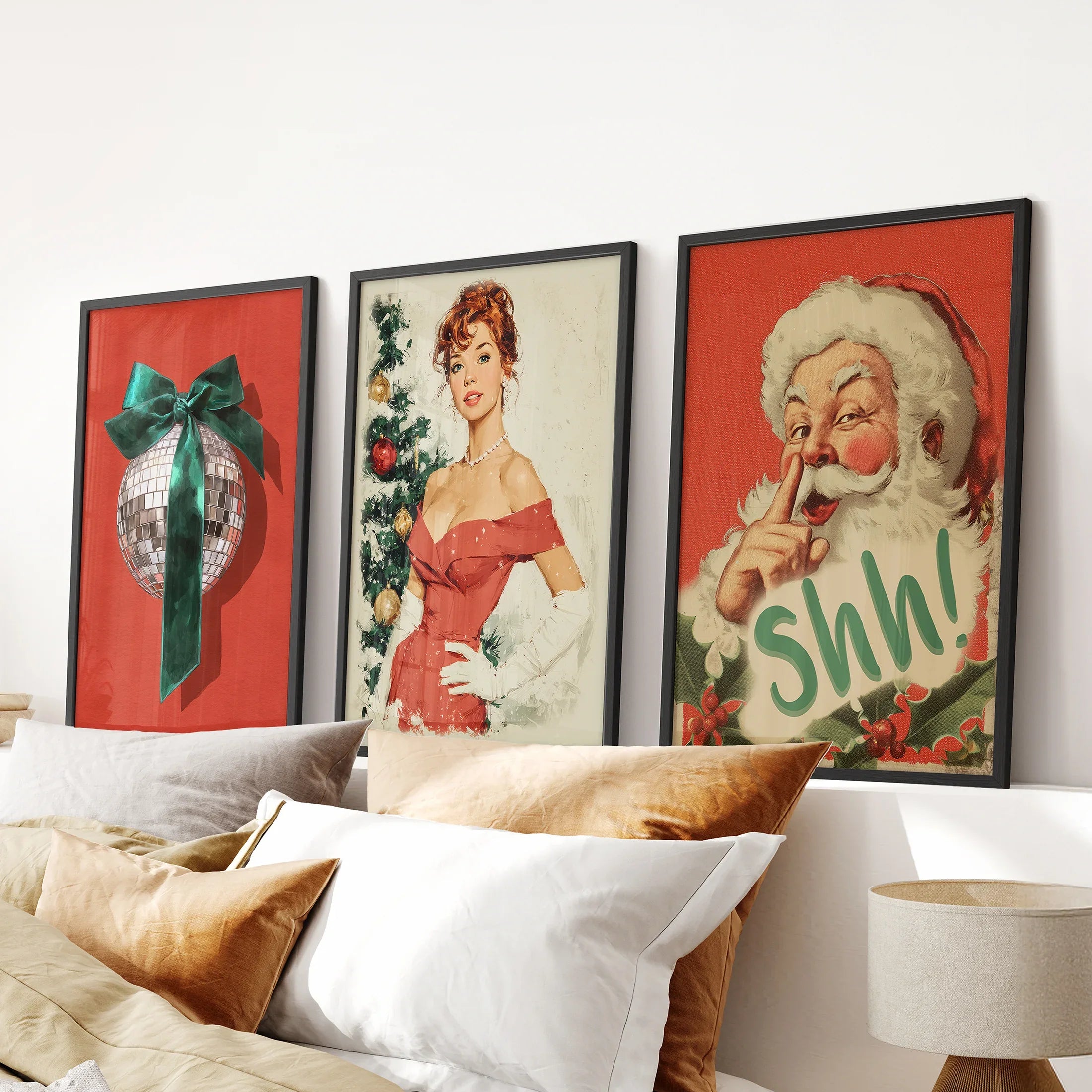 Retro Holiday 3 Piece Wall Art: Santa, Pin-Up Girl, Disco Ball