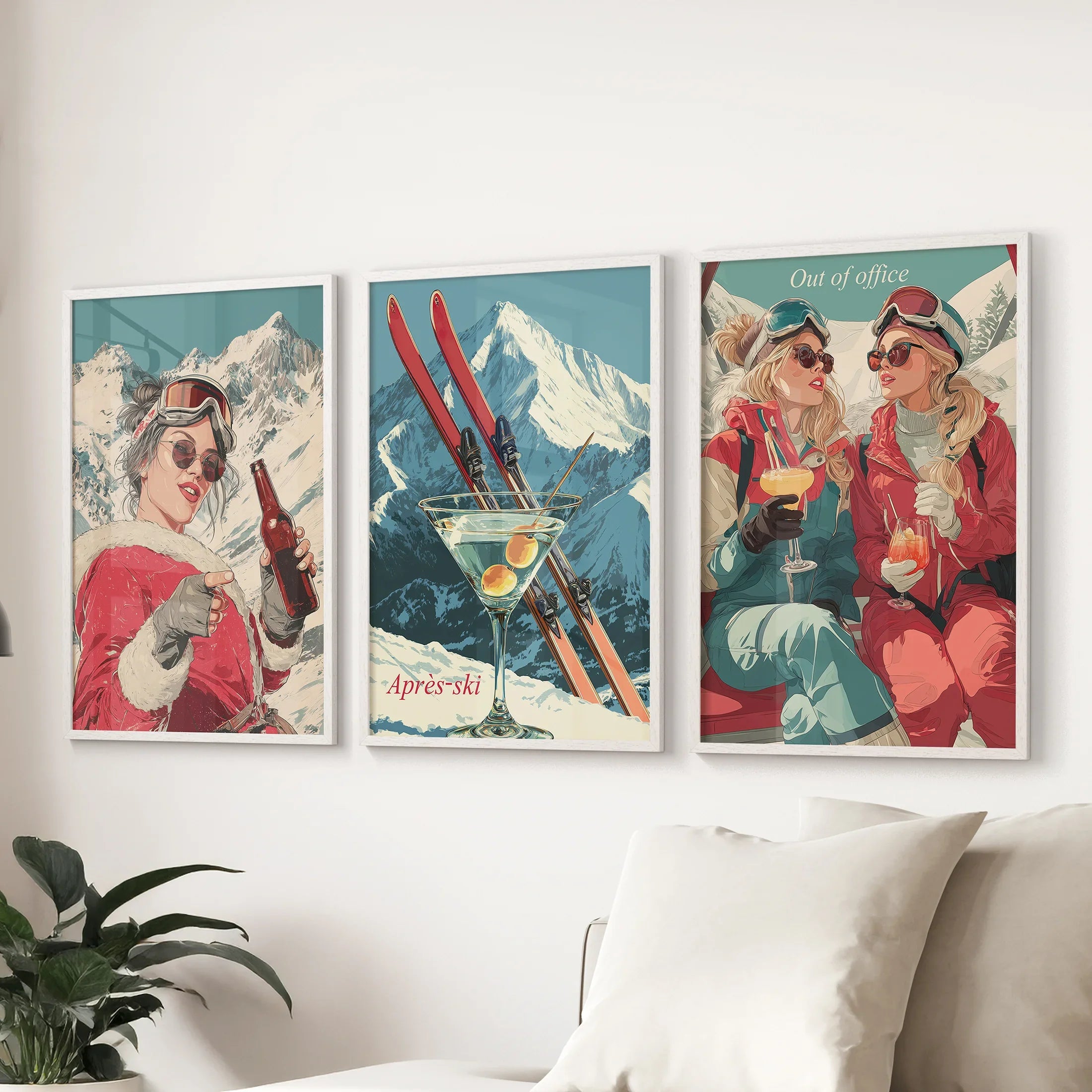 Winter Après Ski Scene Wall Art. Retro Alpine Print Set of 3