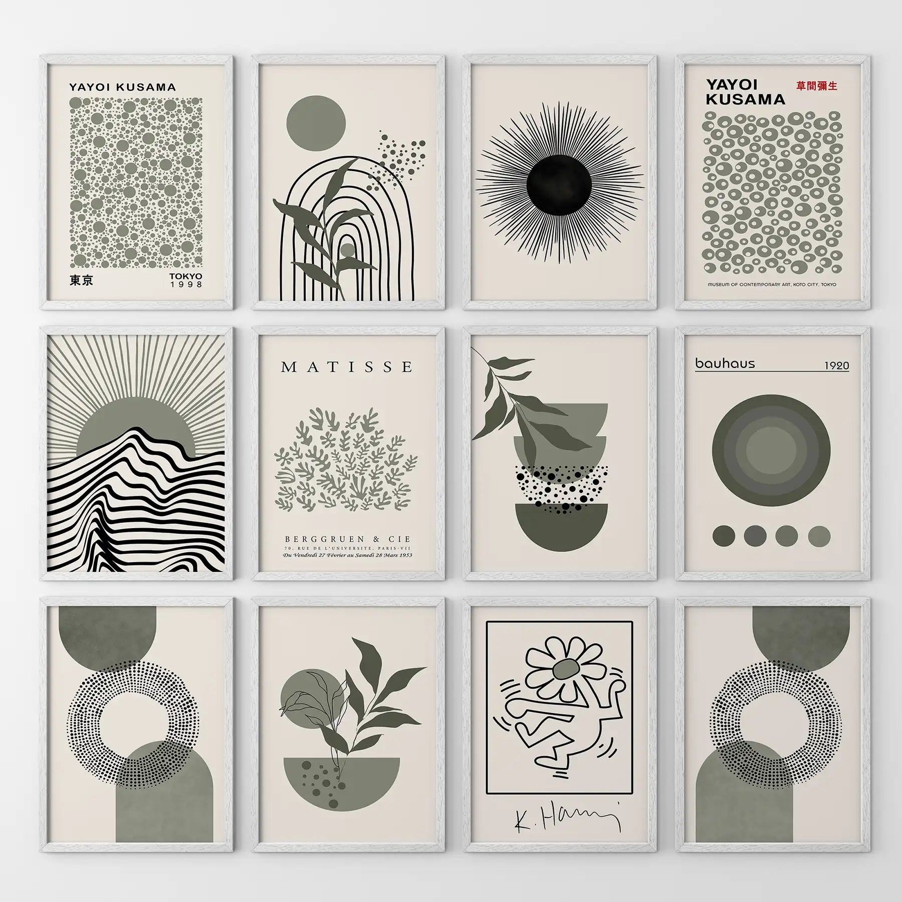 Set of 12 Sage Green Art. Abstract Matisse, Bauhaus MCM Prints