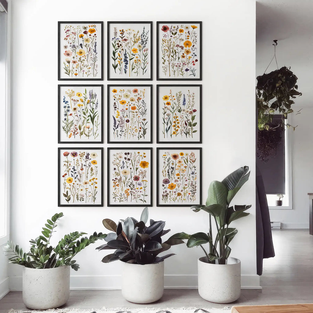 Meadow Wildflowers Prints. Floral Wall Art Set of 9 Pieces