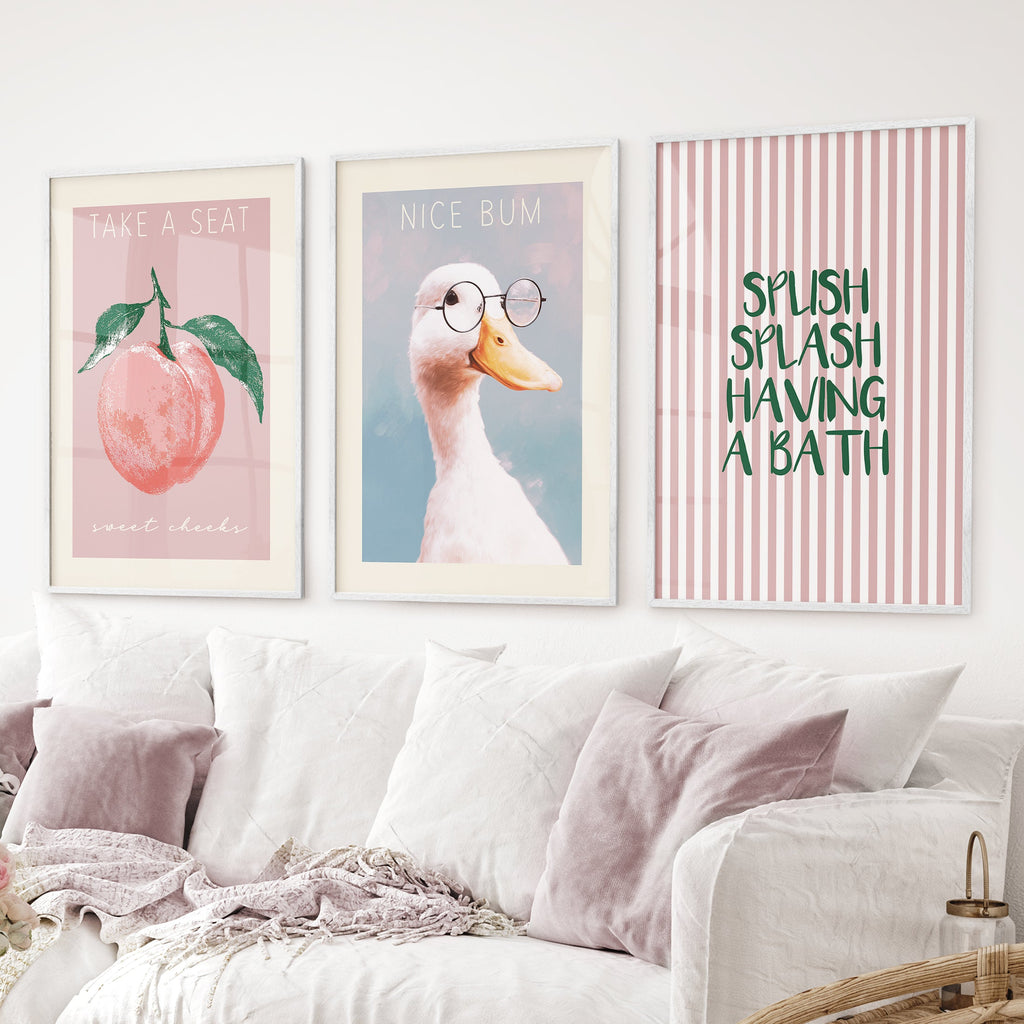 Humorous Bathroom Quotes Wall Art: Funny Duck, Peach Prints