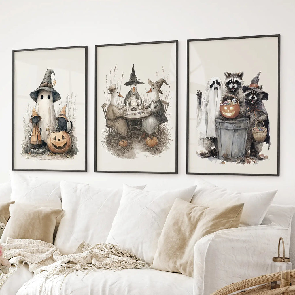 Halloween Set of 3 Wall Art. Ghost, Witch, Animals, Pumpkins