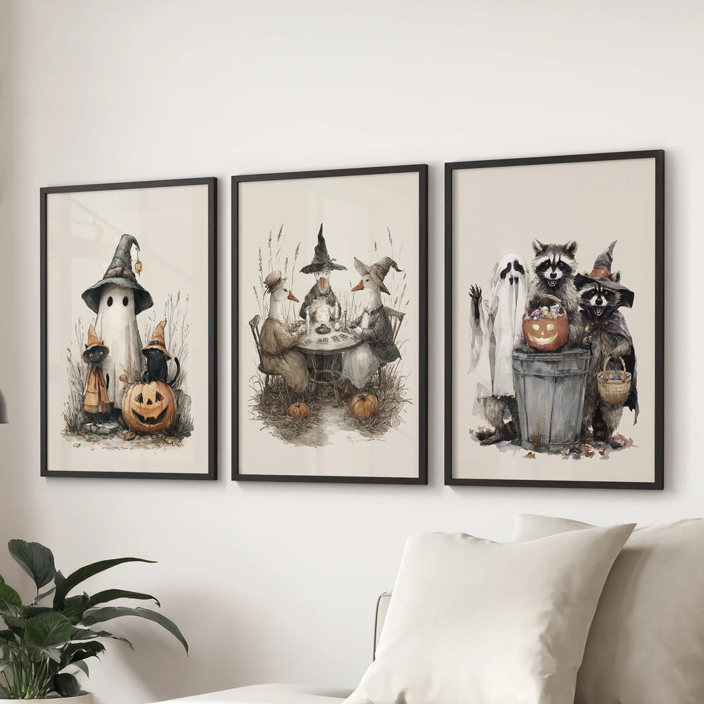 Halloween Set of 3 Wall Art. Ghost, Witch, Animals, Pumpkins