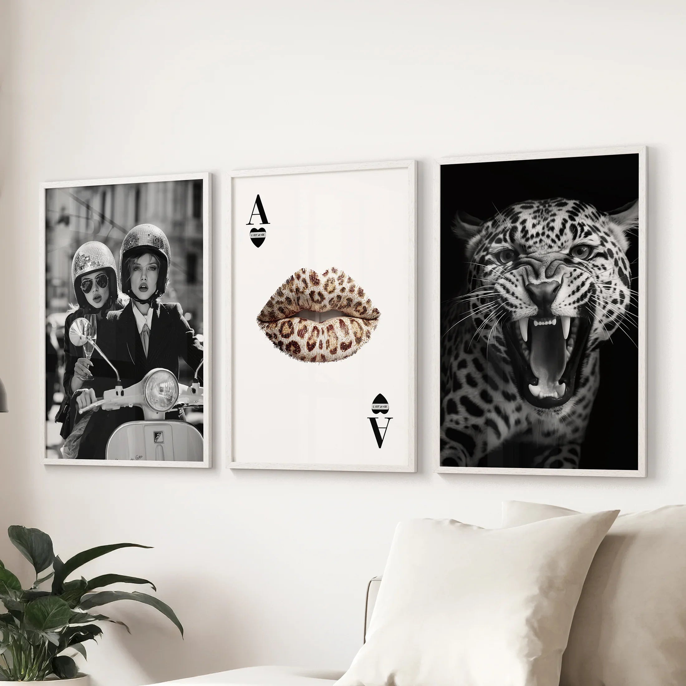 Black White Fashion Set of 3 Prints. Leopard, Lips, Scooter